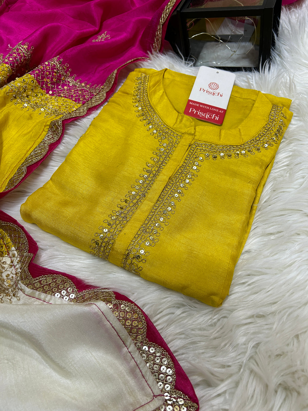 Yellow Embroidered straight kurta set with Multicolored dupatta - Prisachi Official