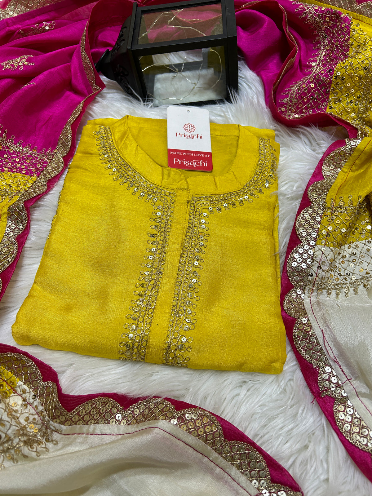 Yellow Embroidered straight kurta set with Multicolored dupatta - Prisachi Official