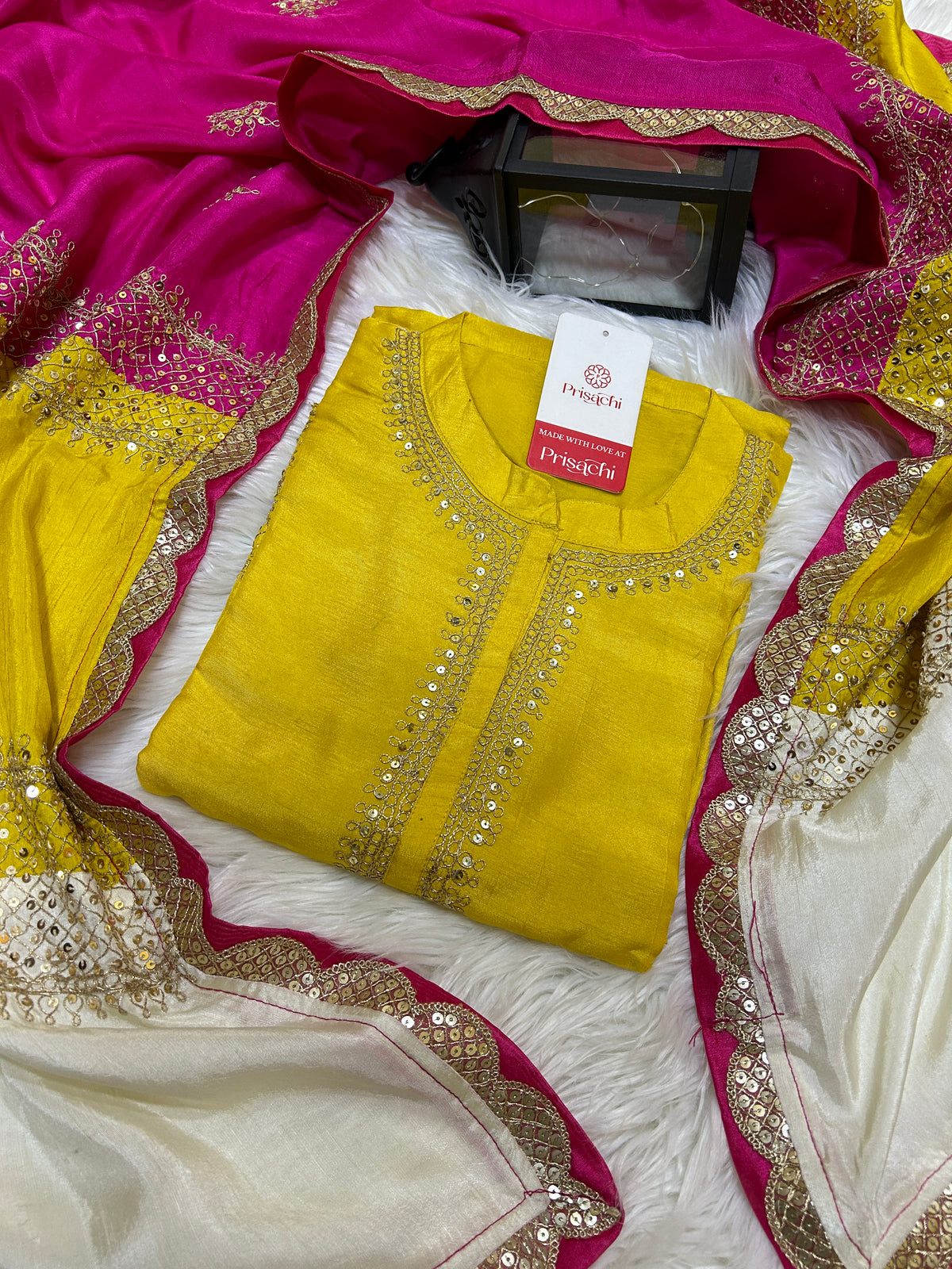 Yellow Embroidered straight kurta set with Multicolored dupatta - Prisachi Official