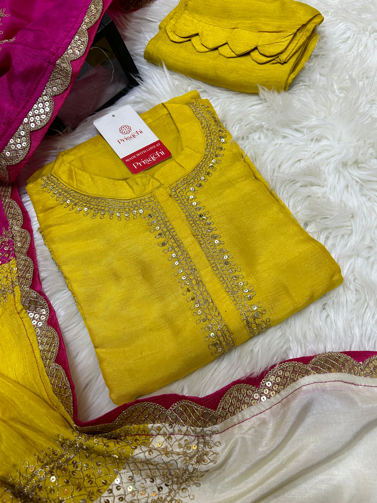 Yellow Embroidered straight kurta set with Multicolored dupatta - Prisachi Official
