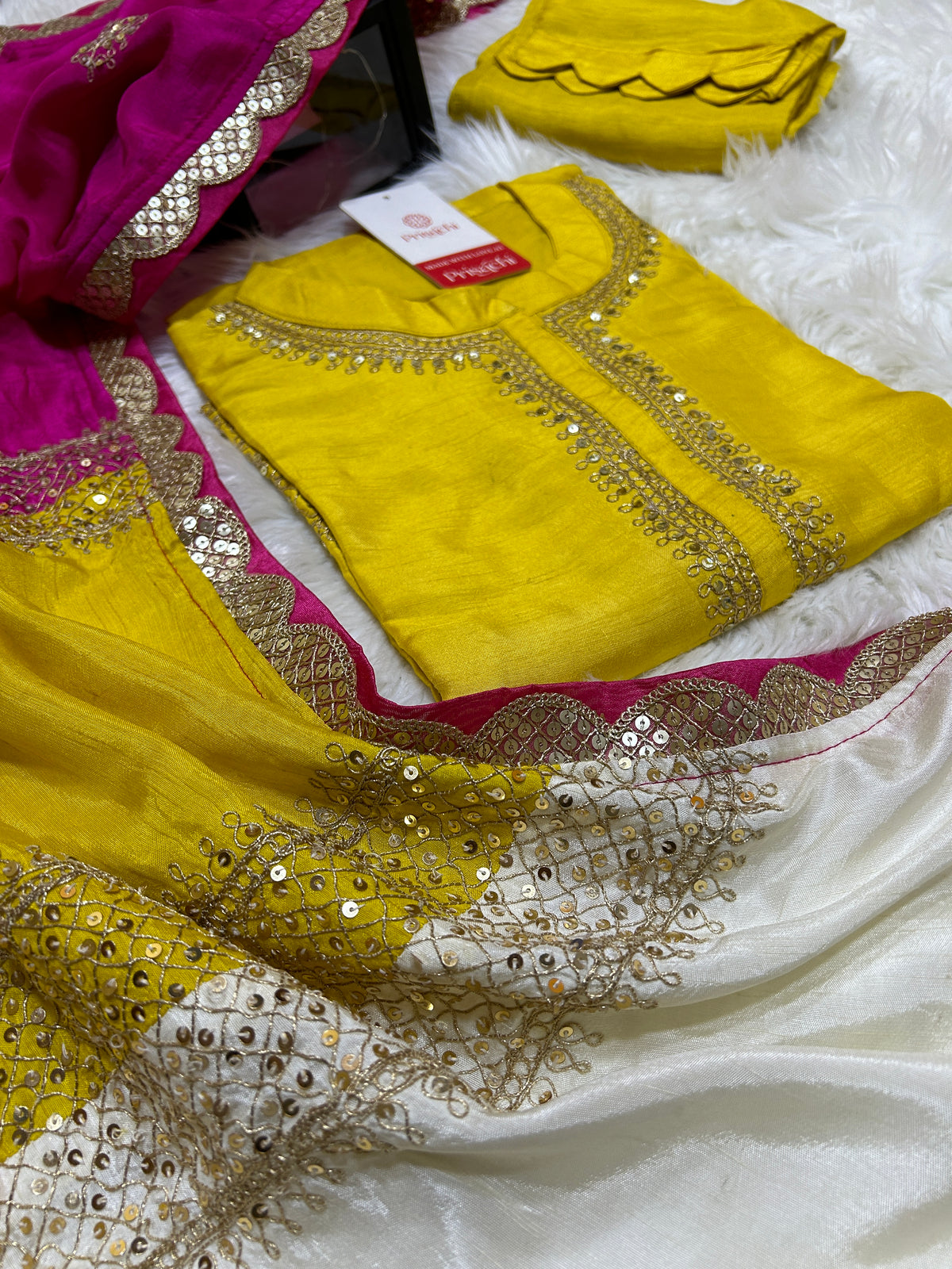 Yellow Embroidered straight kurta set with Multicolored dupatta - Prisachi Official