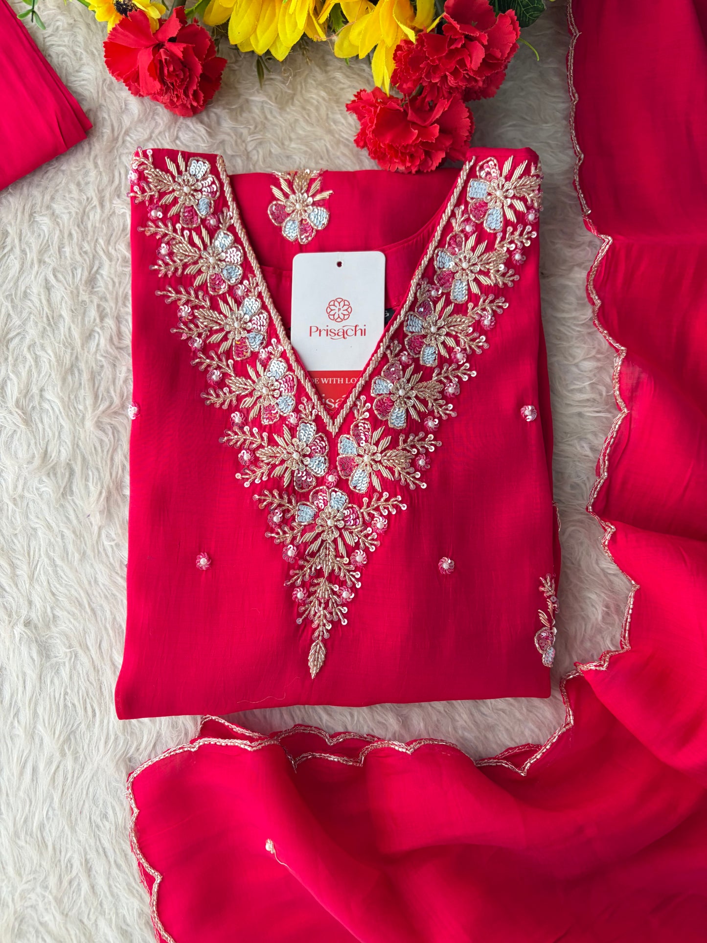 Pink Zardozi Embroidered Ethnic Kurta Set for Women with Dupatta & Pants | Festive Party Wear Suit Set