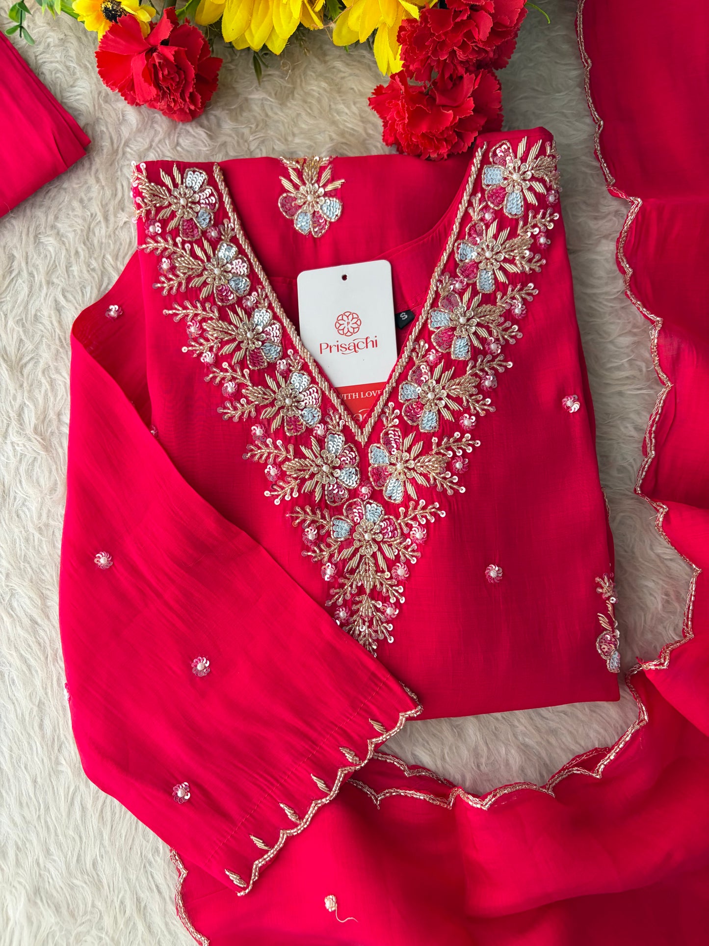 Pink Zardozi Embroidered Ethnic Kurta Set for Women with Dupatta & Pants | Festive Party Wear Suit Set