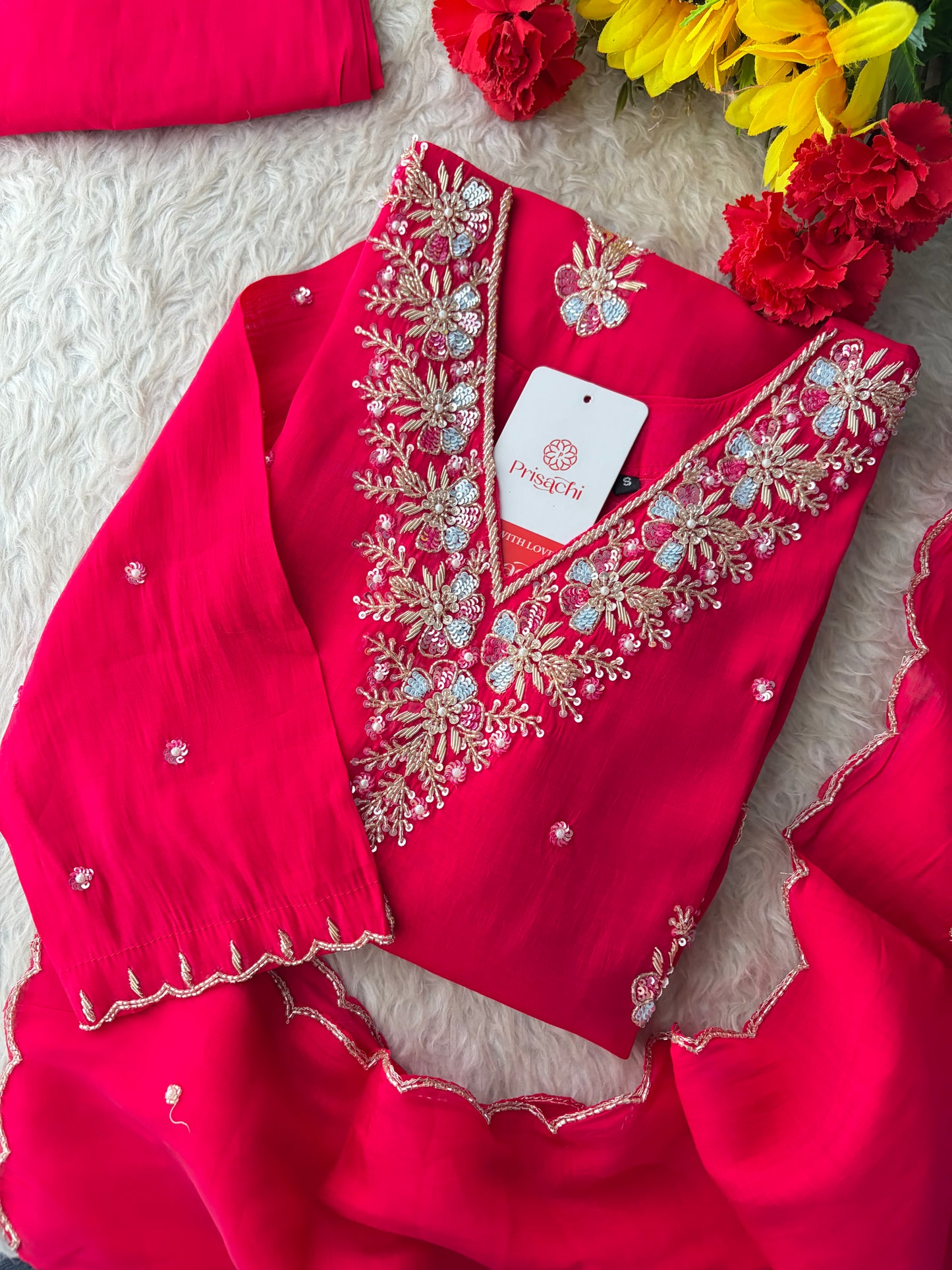 Pink Zardozi Embroidered Ethnic Kurta Set for Women with Dupatta & Pants | Festive Party Wear Suit Set