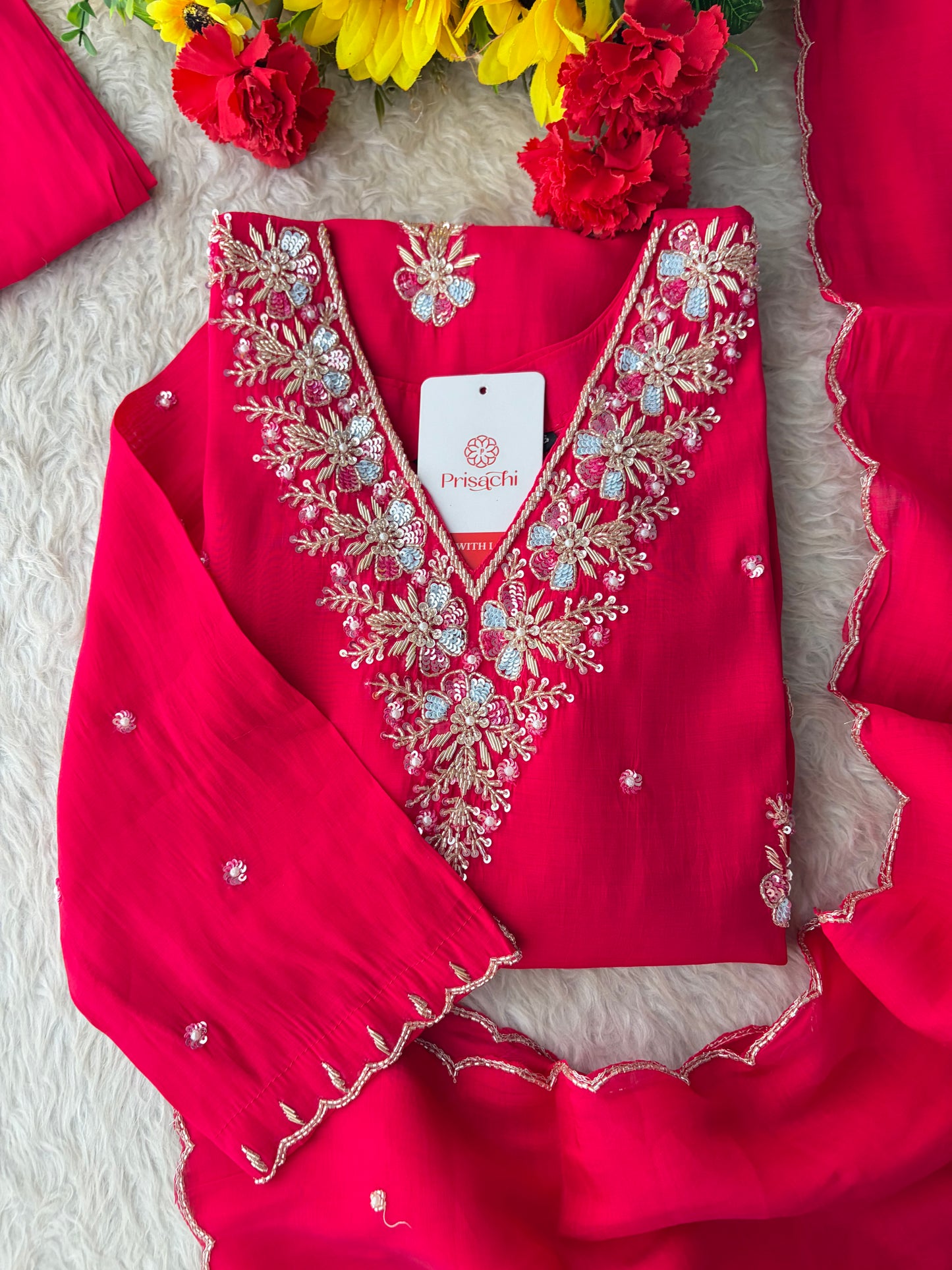 Pink Zardozi Embroidered Ethnic Kurta Set for Women with Dupatta & Pants | Festive Party Wear Suit Set