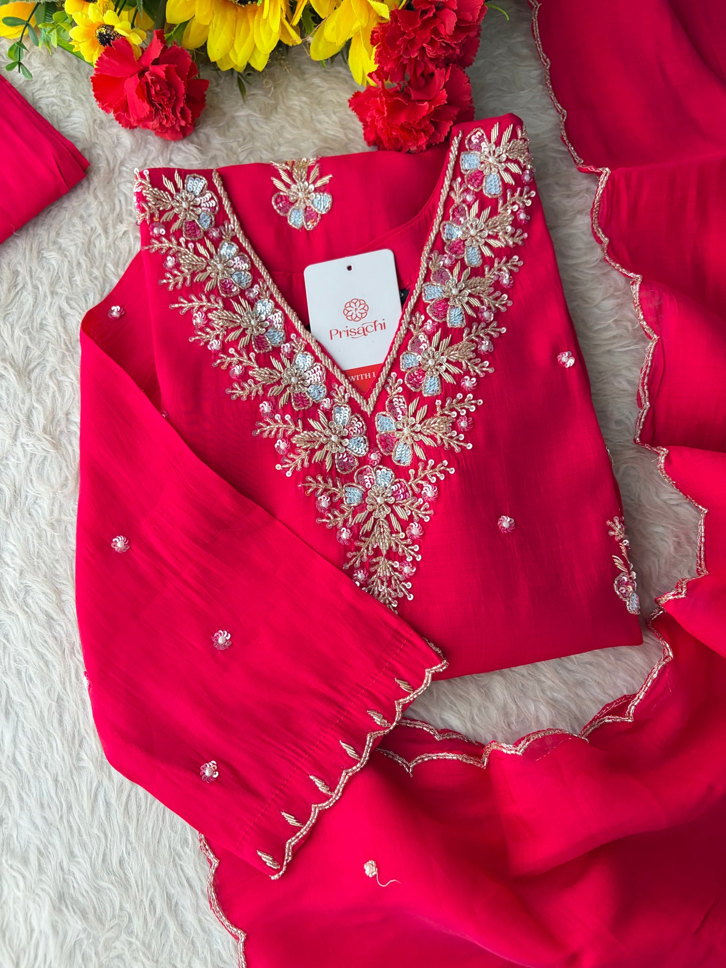 Pink Zardozi Embroidered Ethnic Kurta Set for Women with Dupatta & Pants | Festive Party Wear Suit Set