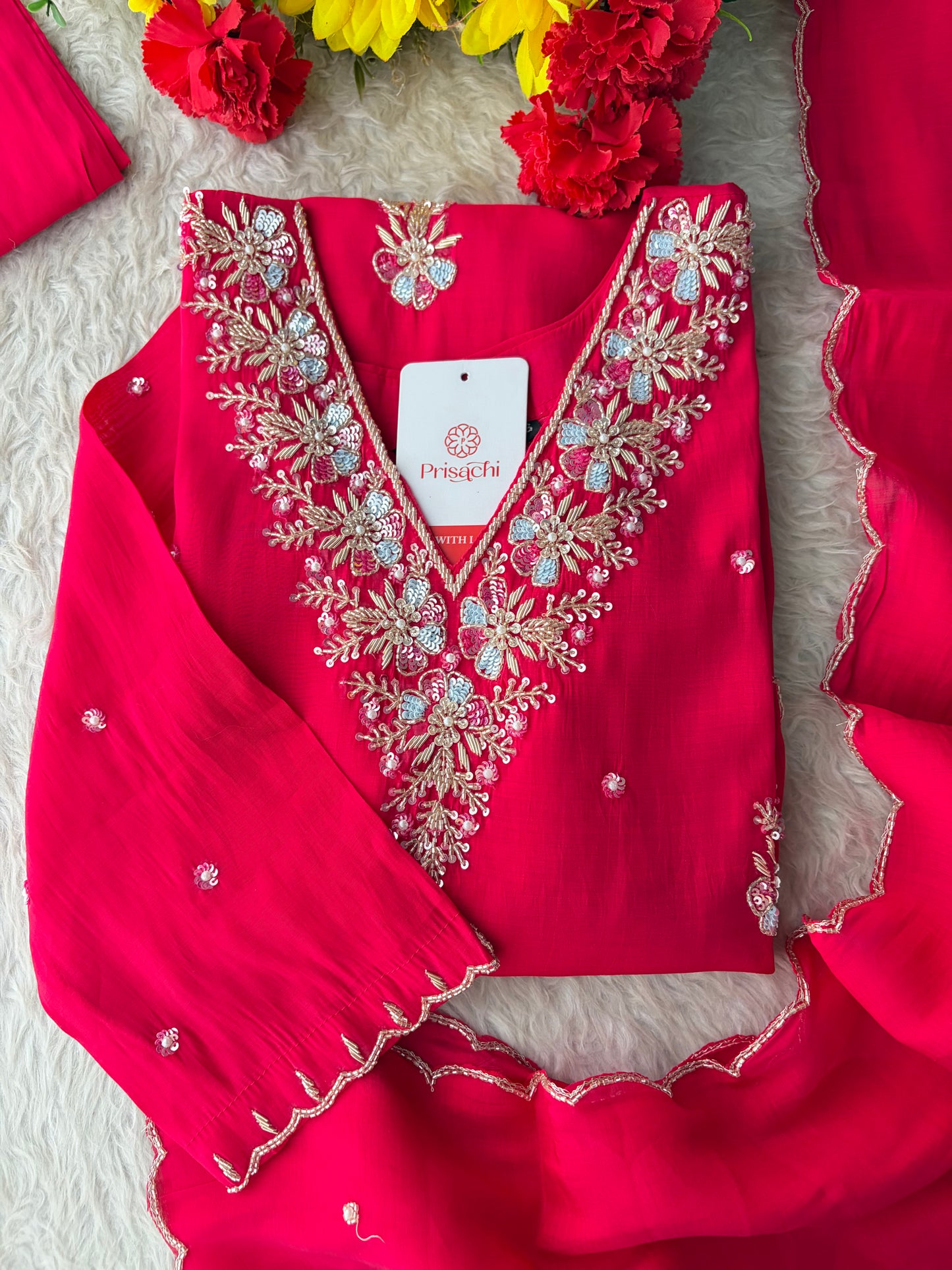 Pink Zardozi Embroidered Ethnic Kurta Set for Women with Dupatta & Pants | Festive Party Wear Suit Set