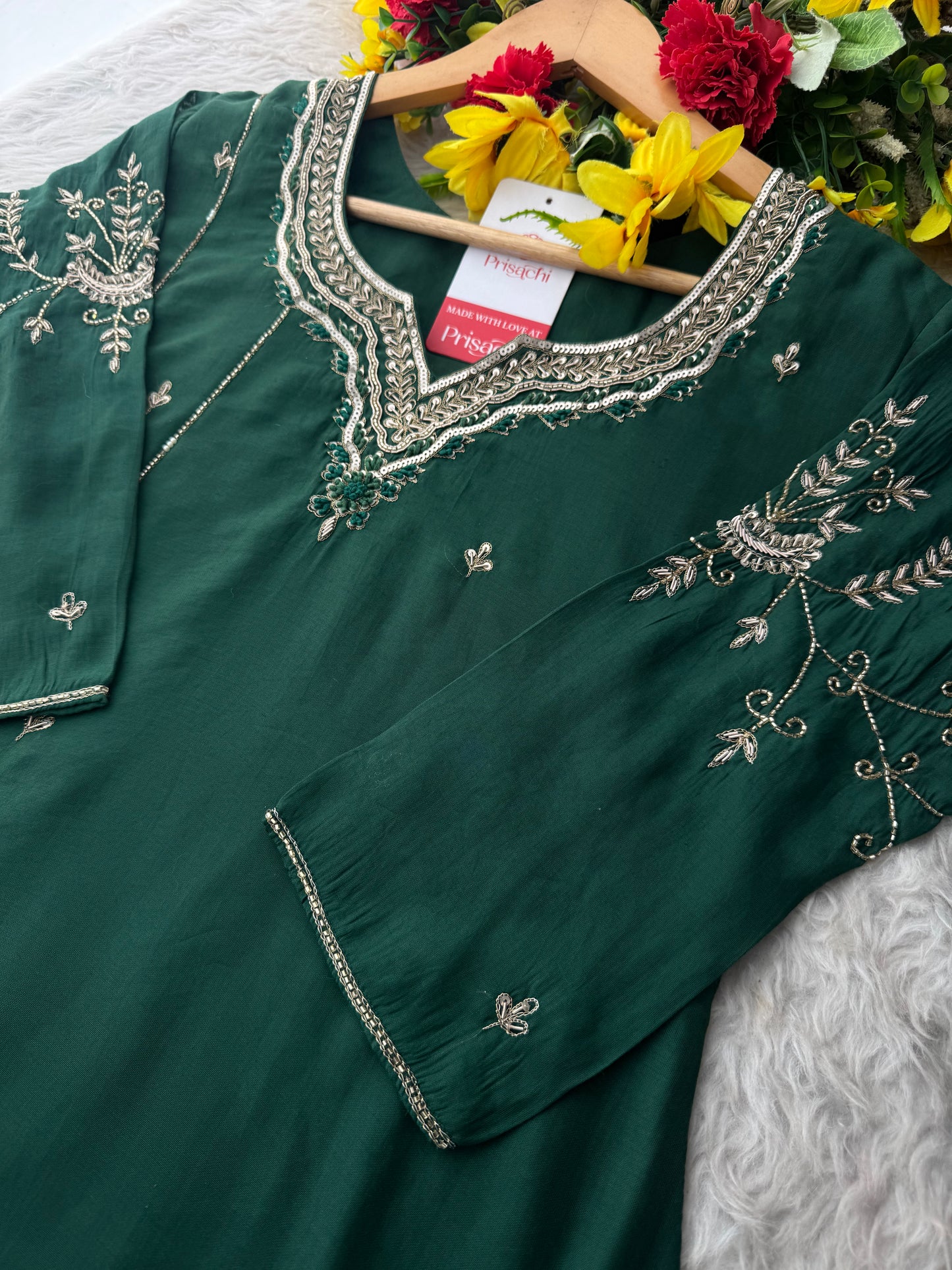 Green  Embroidered Ethnic A-Line kurta set with dupatta and Pants | Traditional Suit Set
