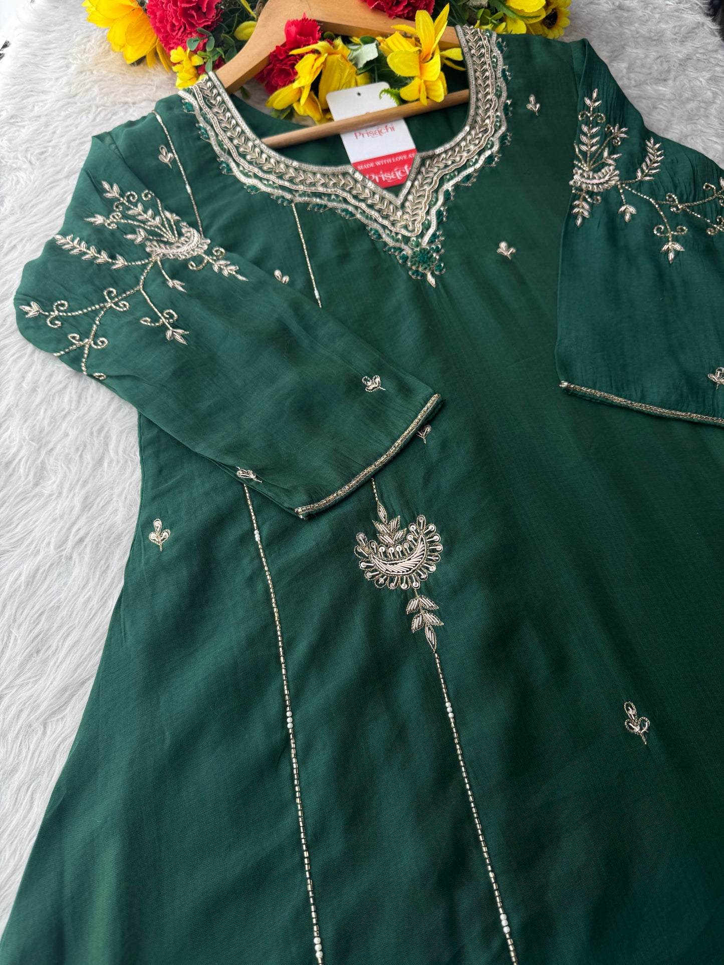 Green  Embroidered Ethnic A-Line kurta set with dupatta and Pants | Traditional Suit Set