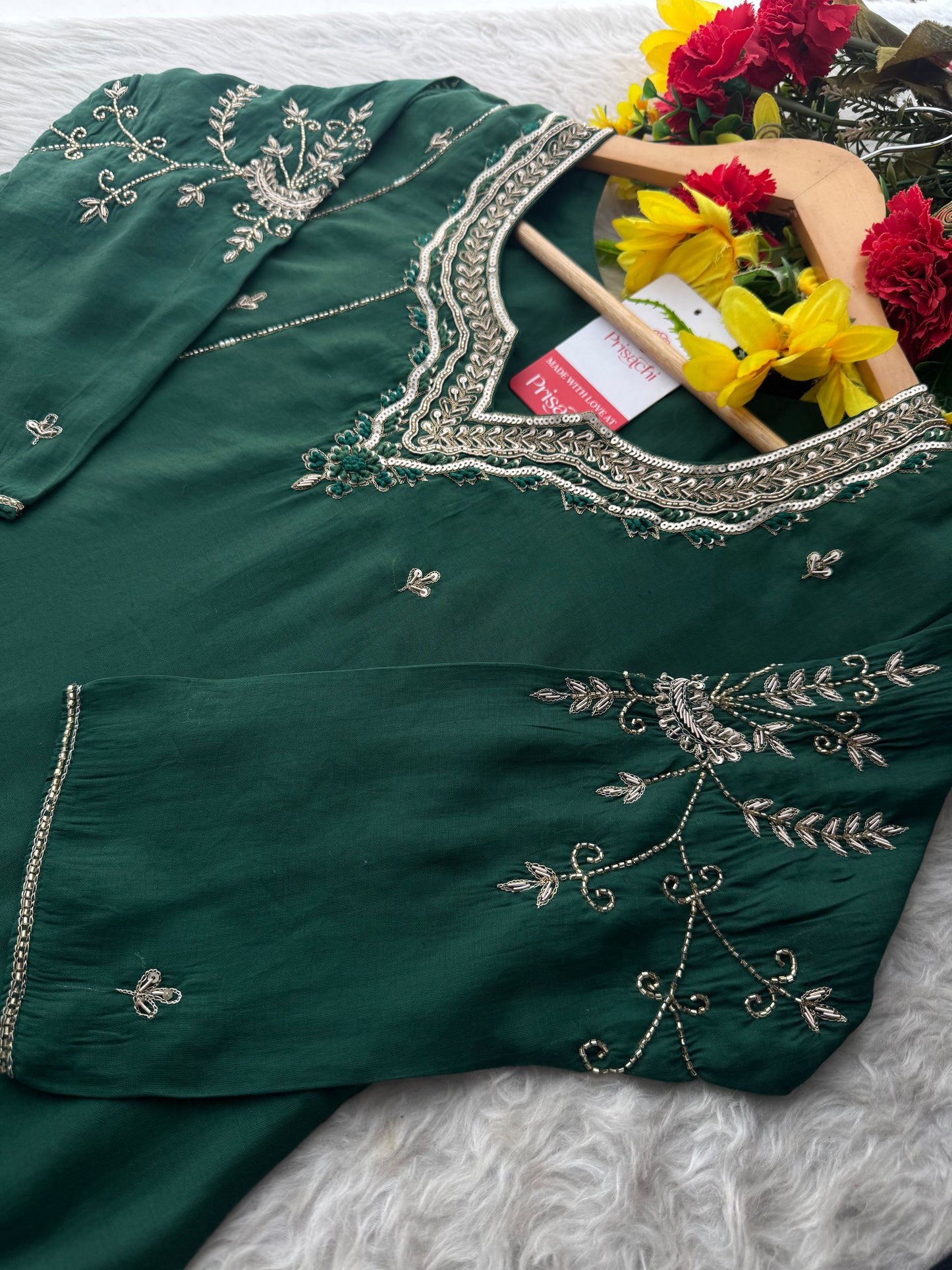 Green  Embroidered Ethnic A-Line kurta set with dupatta and Pants | Traditional Suit Set