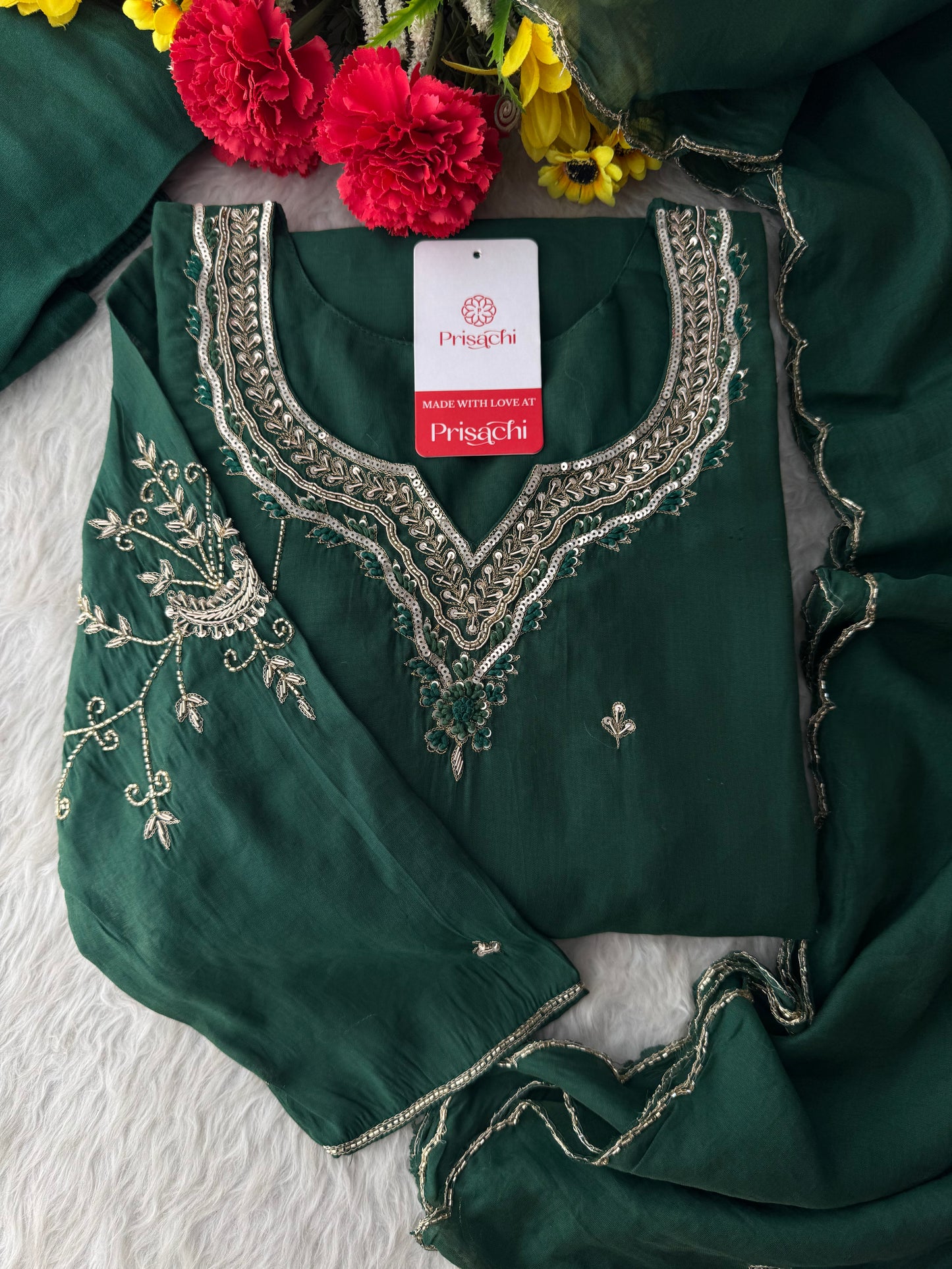 Green  Embroidered Ethnic A-Line kurta set with dupatta and Pants | Traditional Suit Set