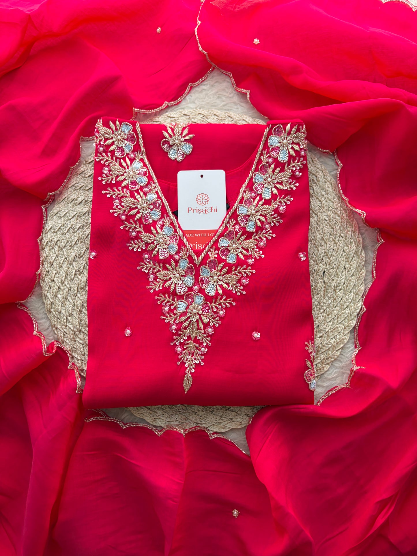 Pink Zardozi Embroidered Ethnic Kurta Set for Women with Dupatta & Pants | Festive Party Wear Suit Set