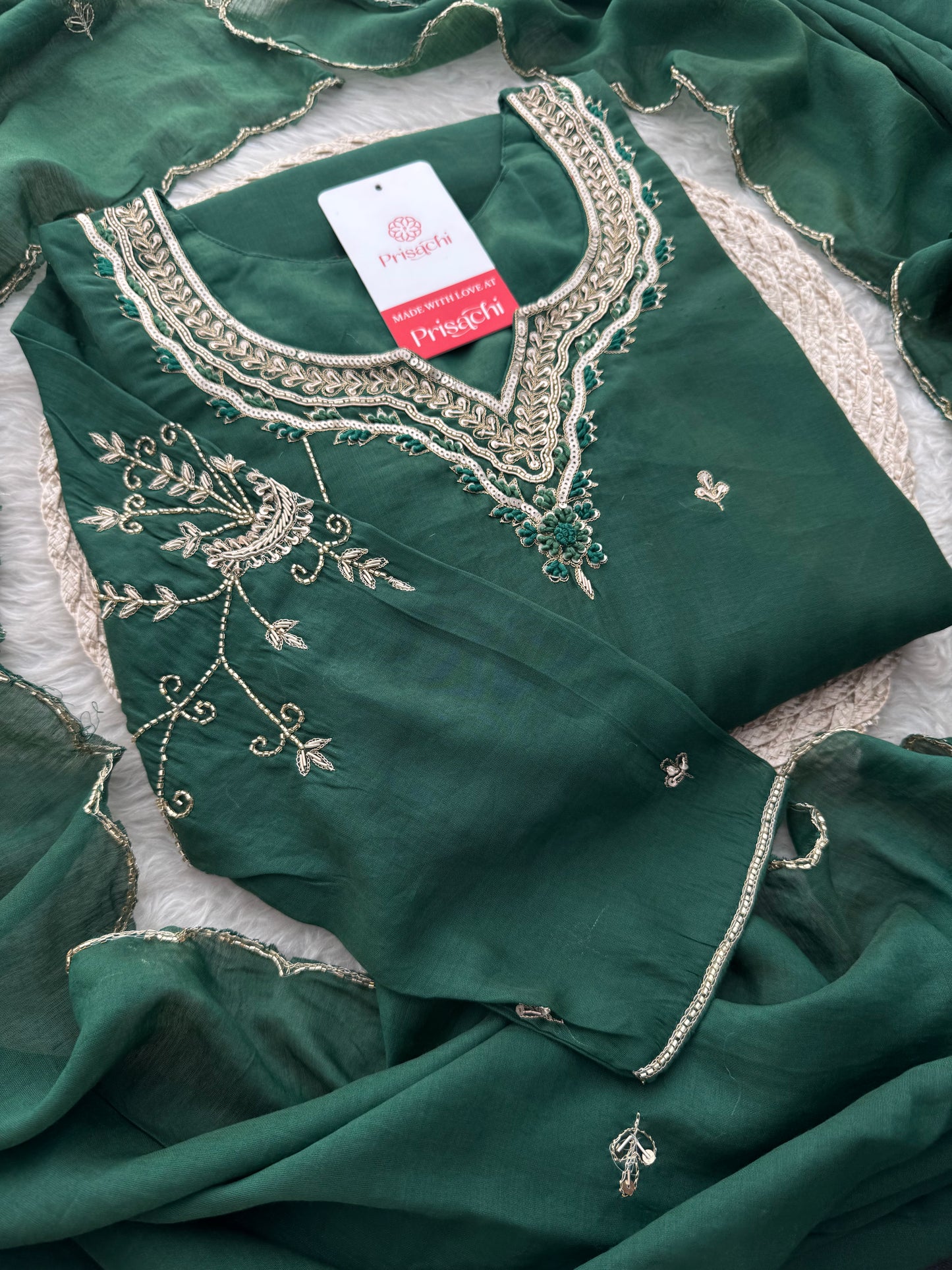 Green  Embroidered Ethnic A-Line kurta set with dupatta and Pants | Traditional Suit Set