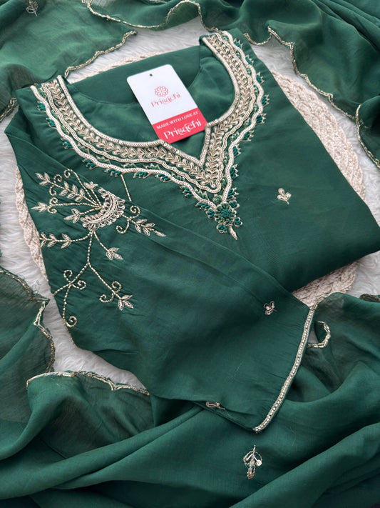Green  Embroidered Ethnic A-Line kurta set with dupatta and Pants | Traditional Suit Set