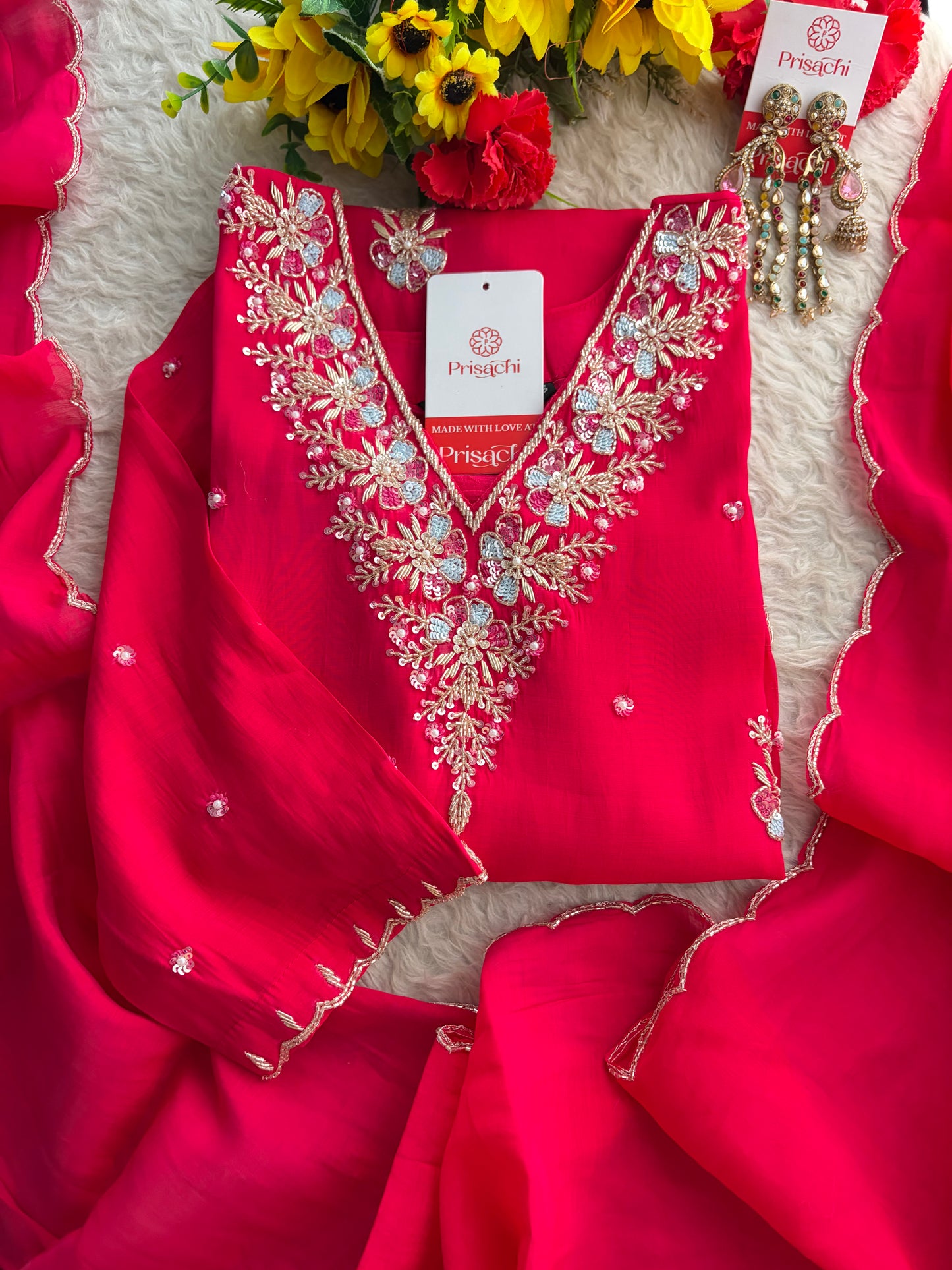 Pink Zardozi Embroidered Ethnic Kurta Set for Women with Dupatta & Pants | Festive Party Wear Suit Set