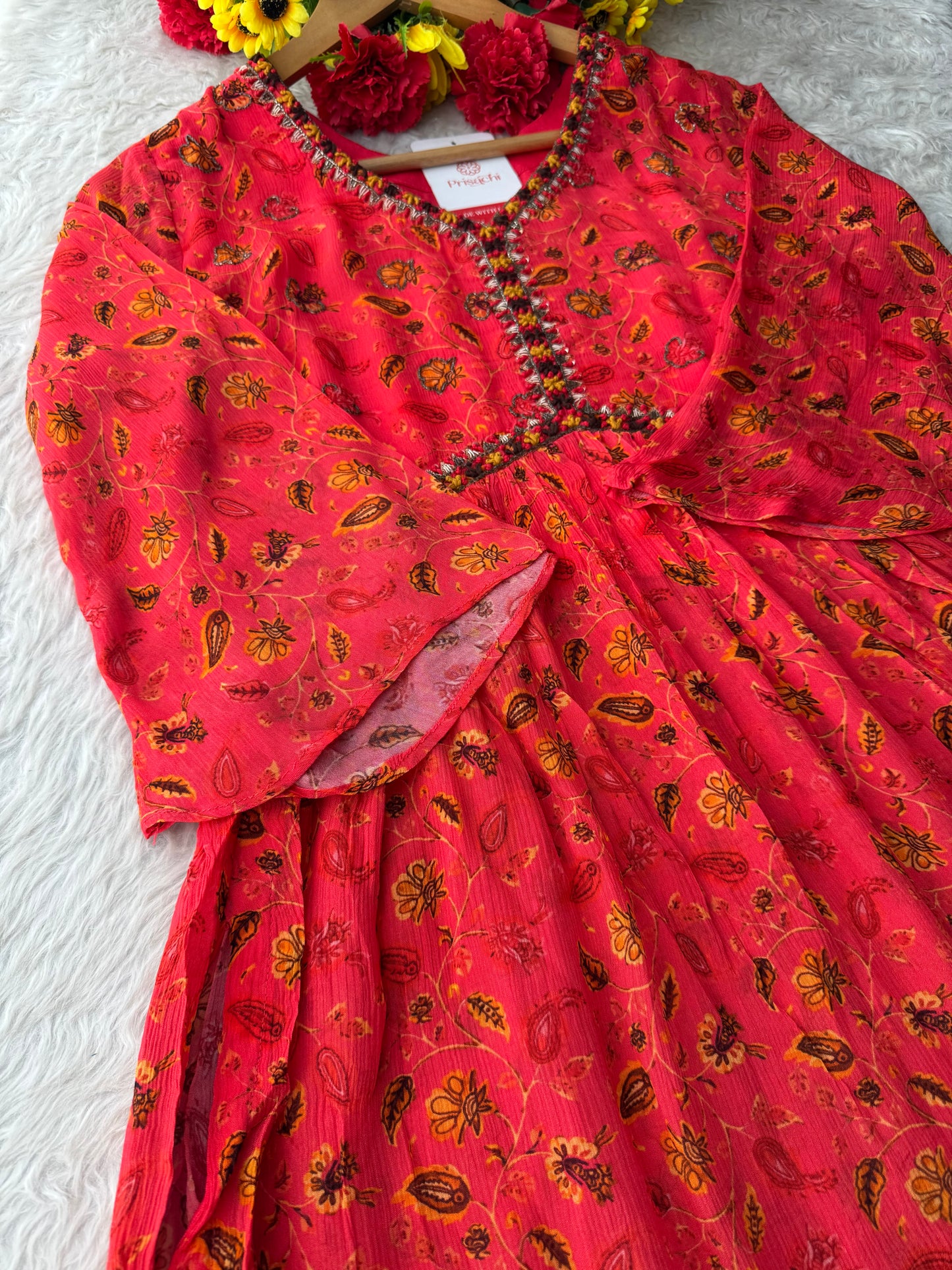 Pink Floral Embriodered Anarkali Kurta Set with Dupatta and Pants | Ethnic Festive Wear for Women