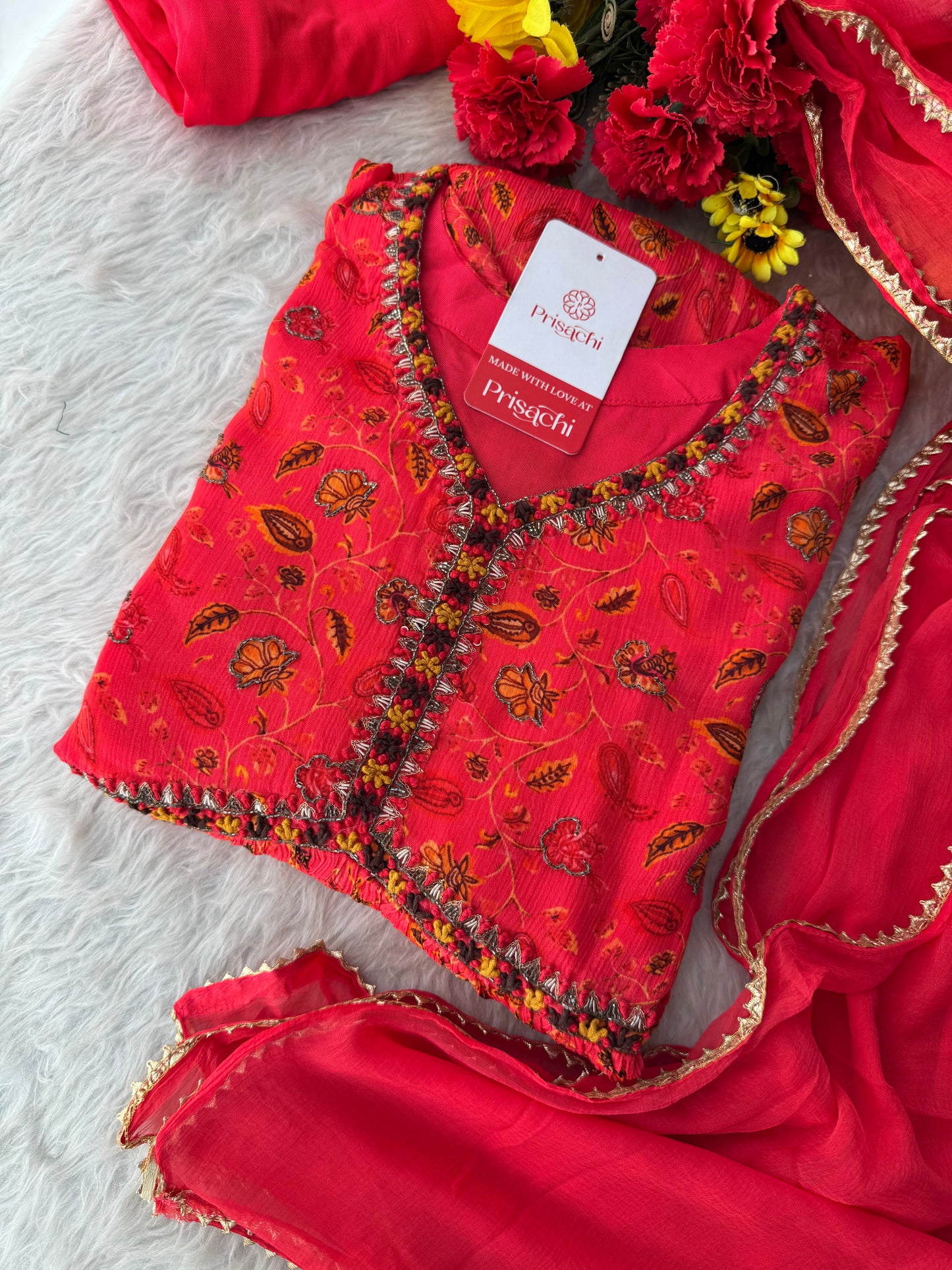 Pink Floral Embriodered Anarkali Kurta Set with Dupatta and Pants | Ethnic Festive Wear for Women