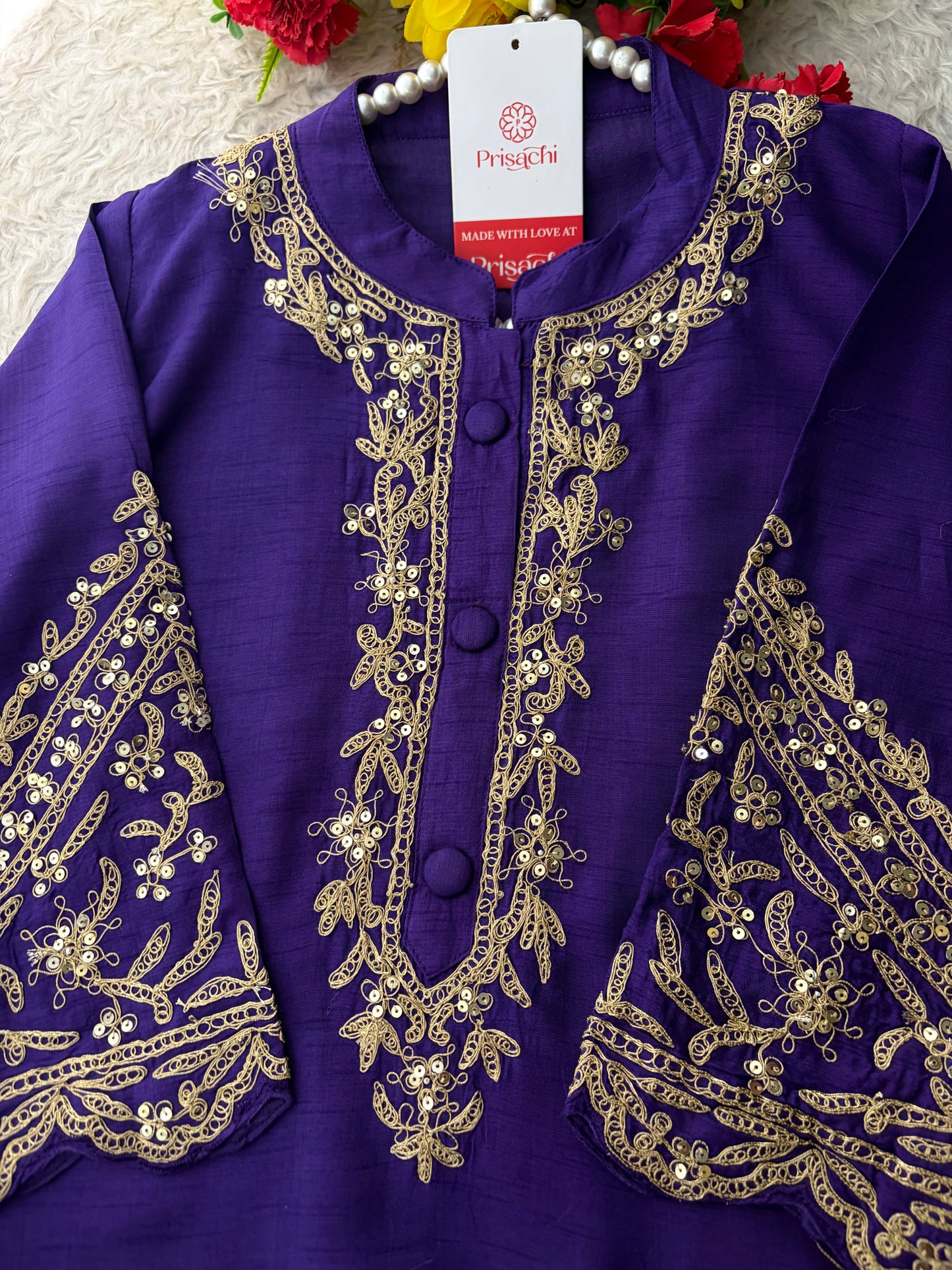 Purple Embroidered Ethnic Kurta Set With Multicolored Dupatta and Pants | Traditional Festive Wear Suit Set