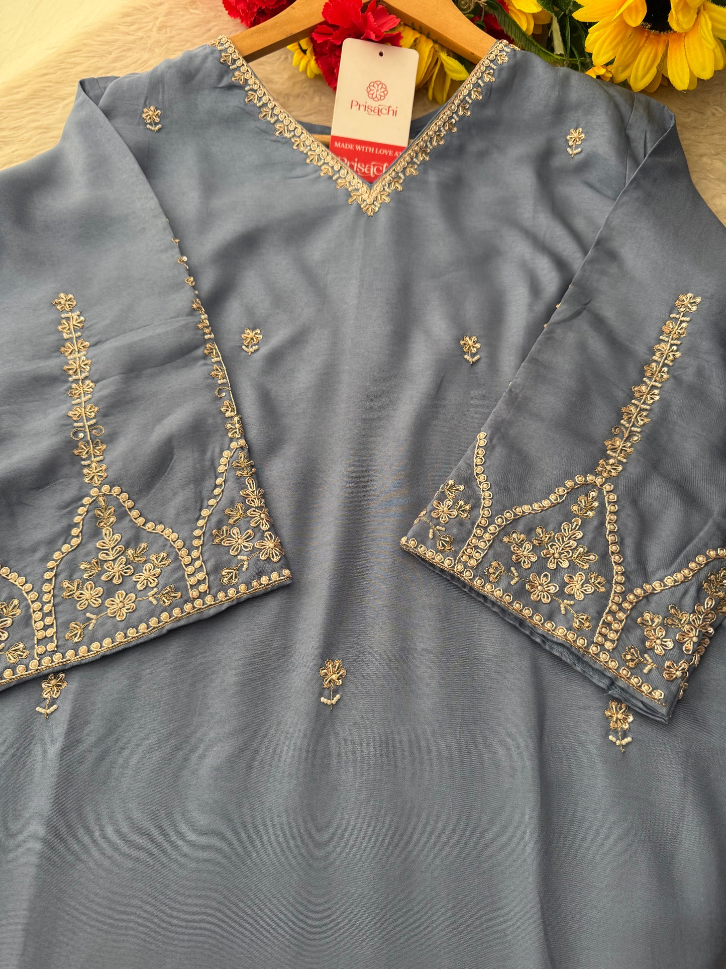 Sky Blue Embroidered Kurta Set with Pants and Dupatta – Elegant Ethnic Suit Set