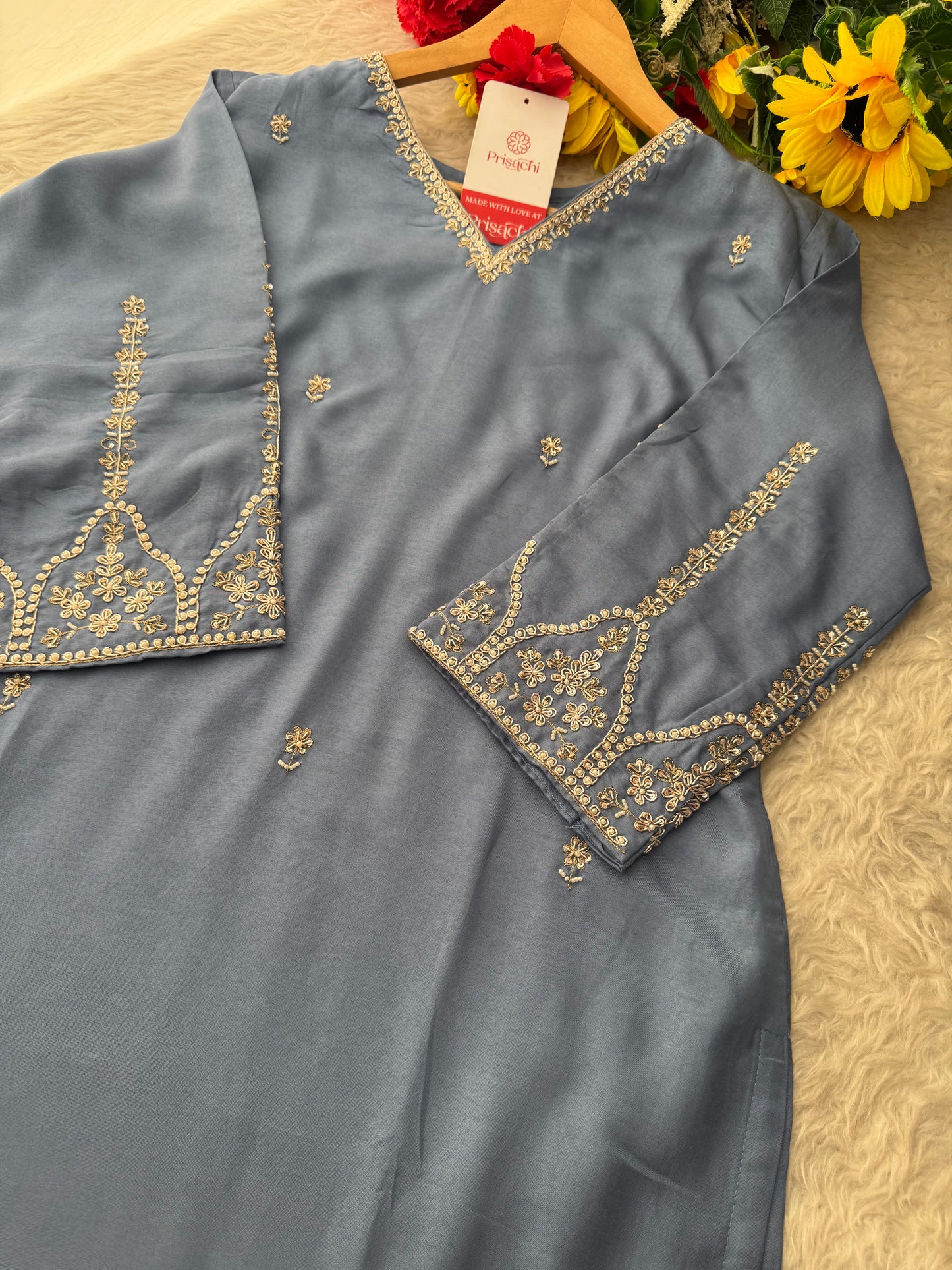 Sky Blue Embroidered Kurta Set with Pants and Dupatta – Elegant Ethnic Suit Set