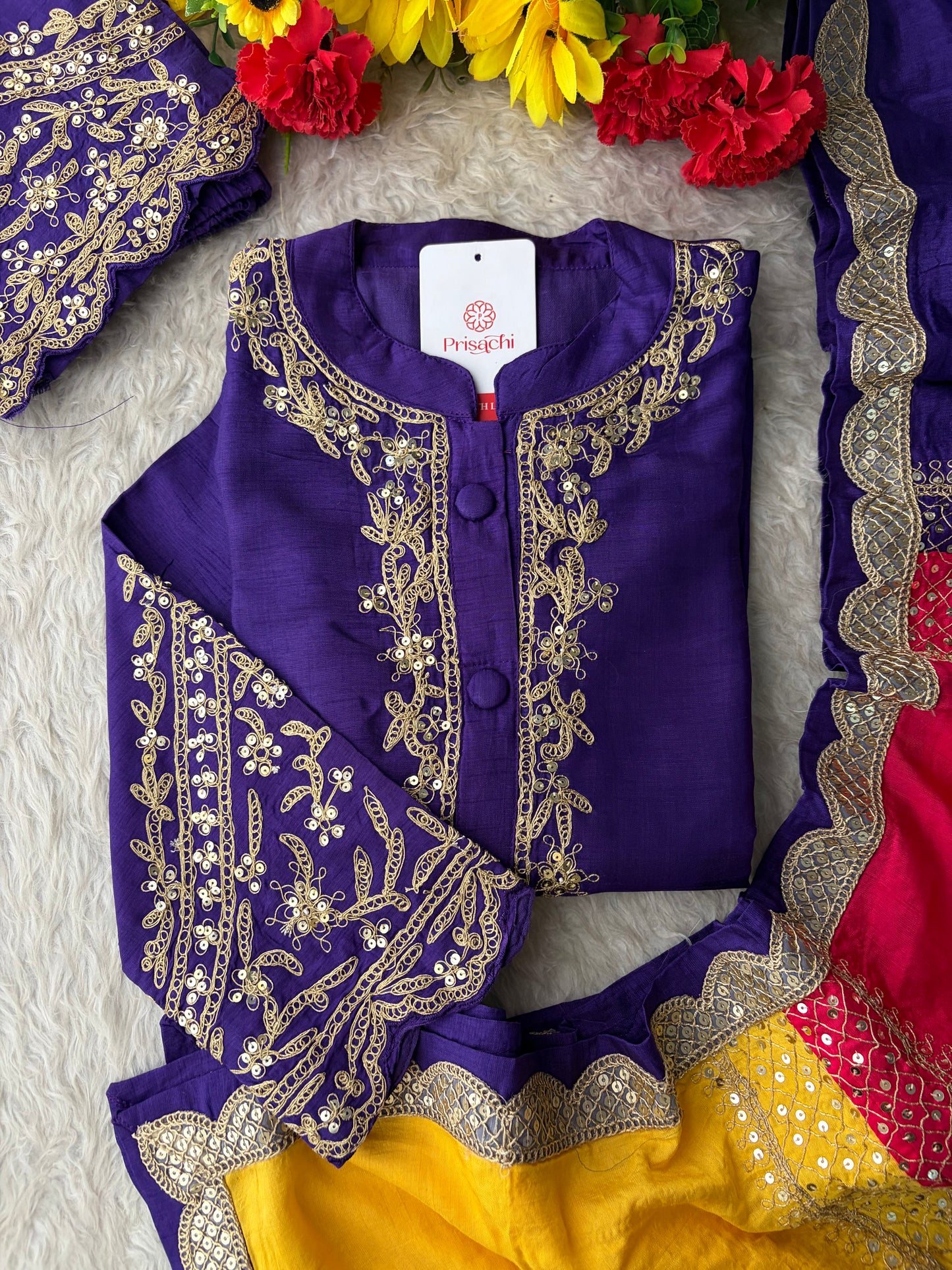 Purple Embroidered Ethnic Kurta Set With Multicolored Dupatta and Pants | Traditional Festive Wear Suit Set