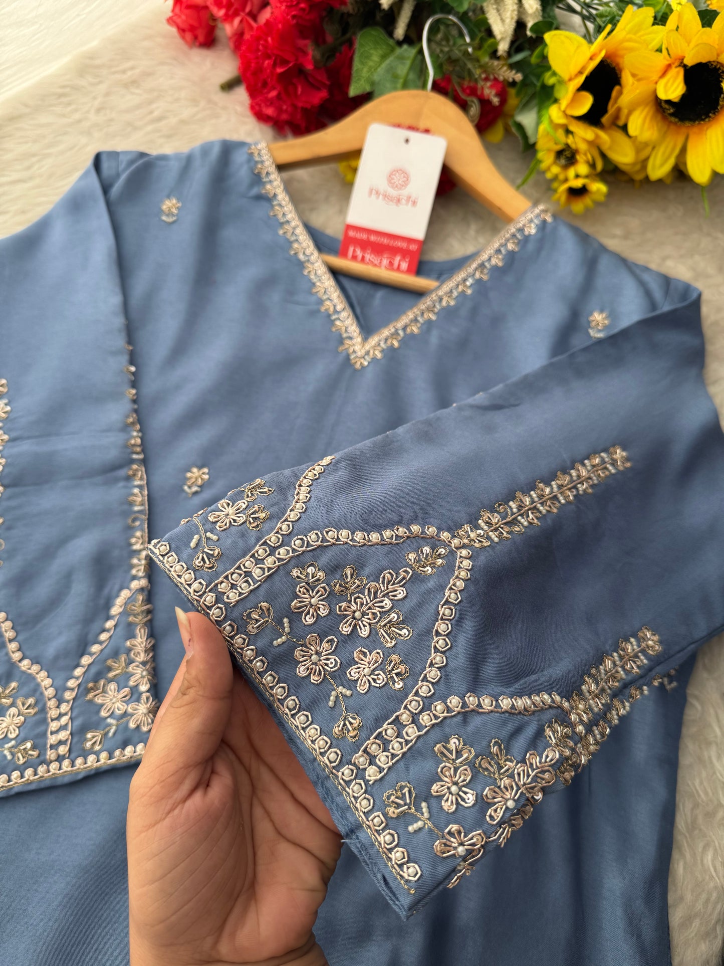 Sky Blue Embroidered Kurta Set with Pants and Dupatta – Elegant Ethnic Suit Set