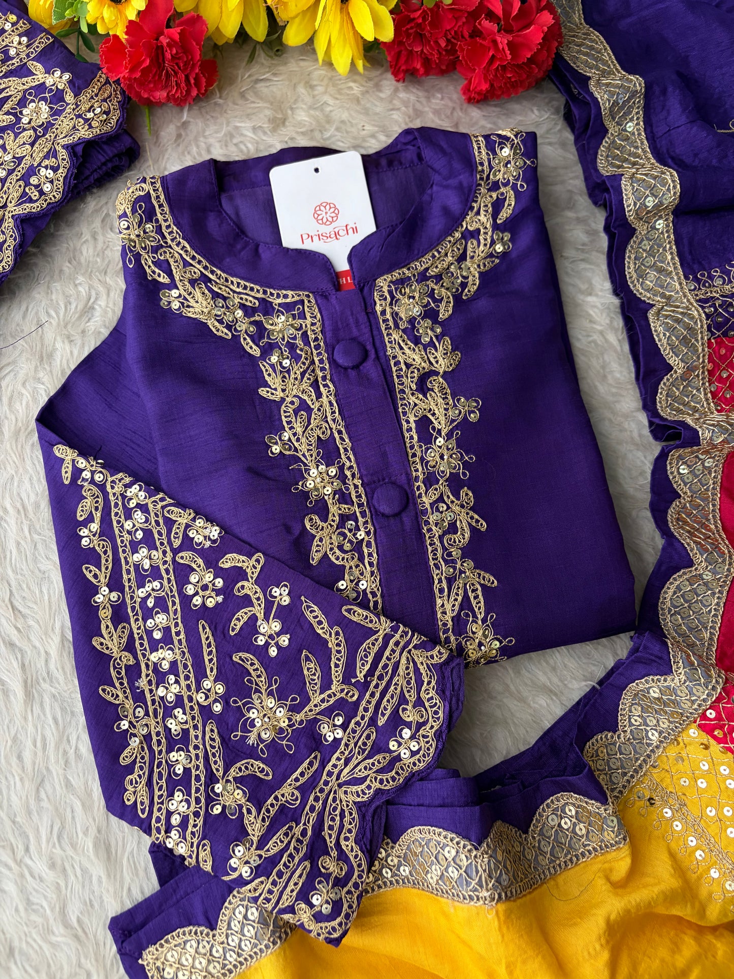 Purple Embroidered Ethnic Kurta Set With Multicolored Dupatta and Pants | Traditional Festive Wear Suit Set