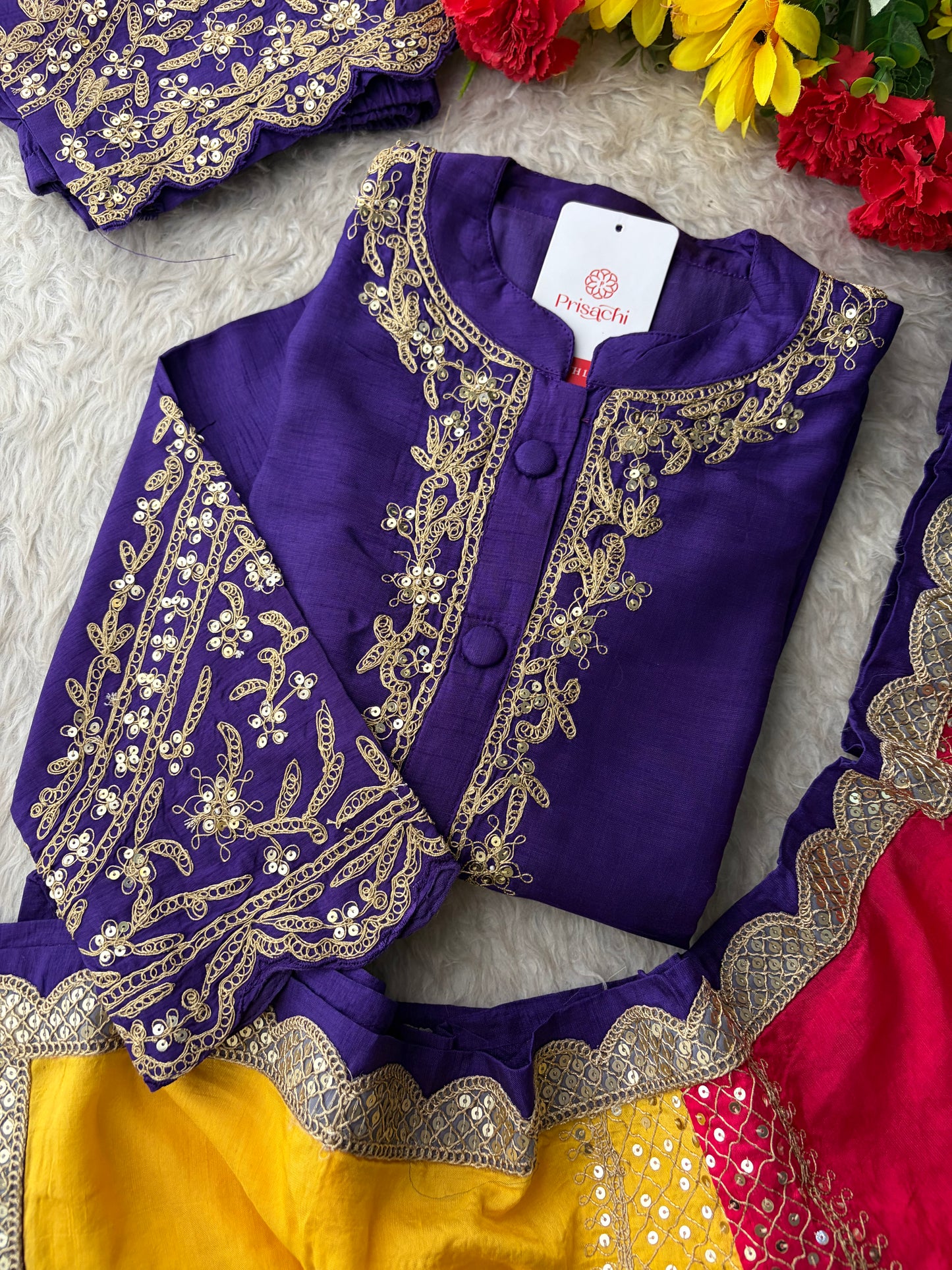 Purple Embroidered Ethnic Kurta Set With Multicolored Dupatta and Pants | Traditional Festive Wear Suit Set