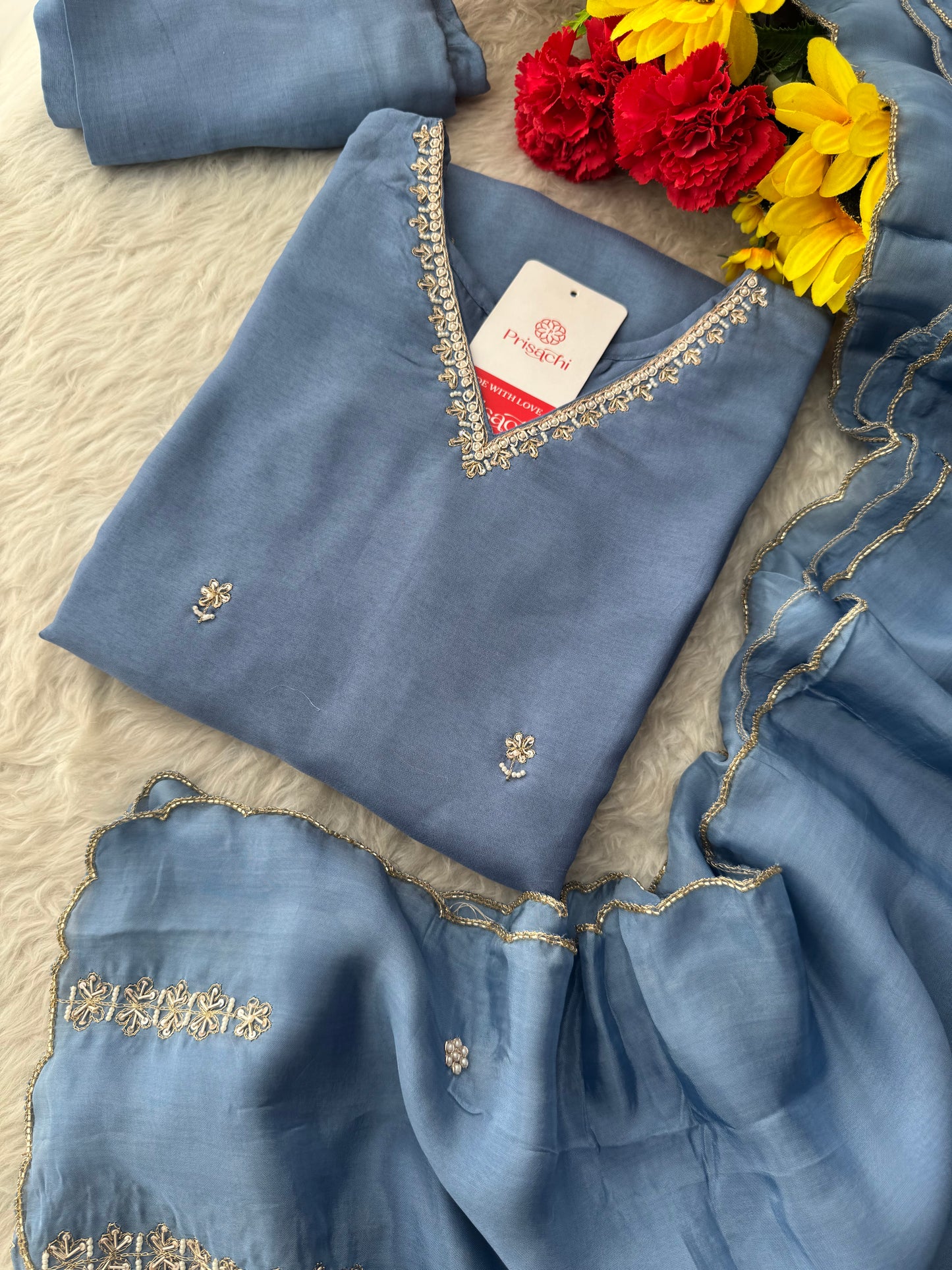 Sky Blue Embroidered Kurta Set with Pants and Dupatta – Elegant Ethnic Suit Set