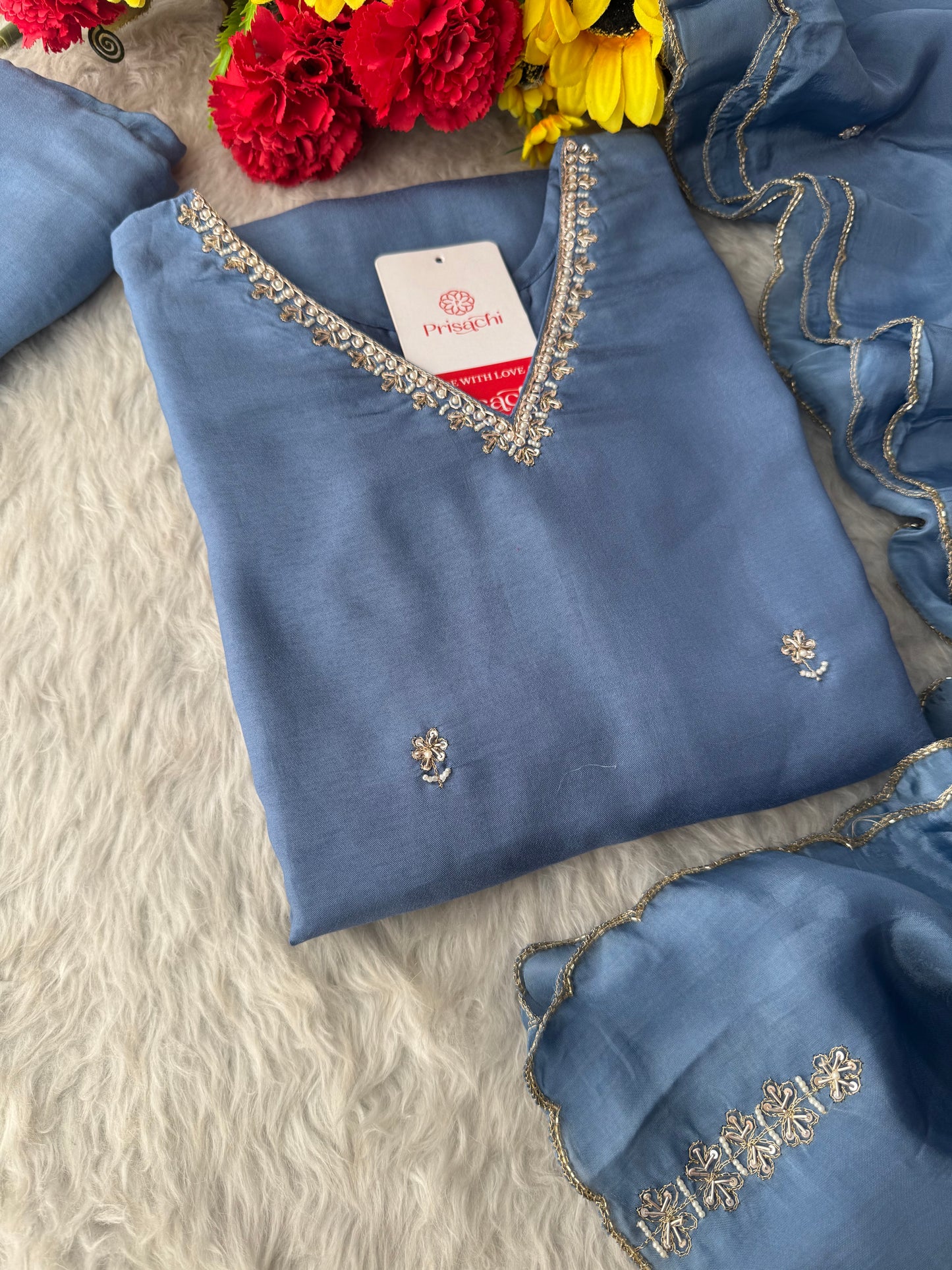 Sky Blue Embroidered Kurta Set with Pants and Dupatta – Elegant Ethnic Suit Set
