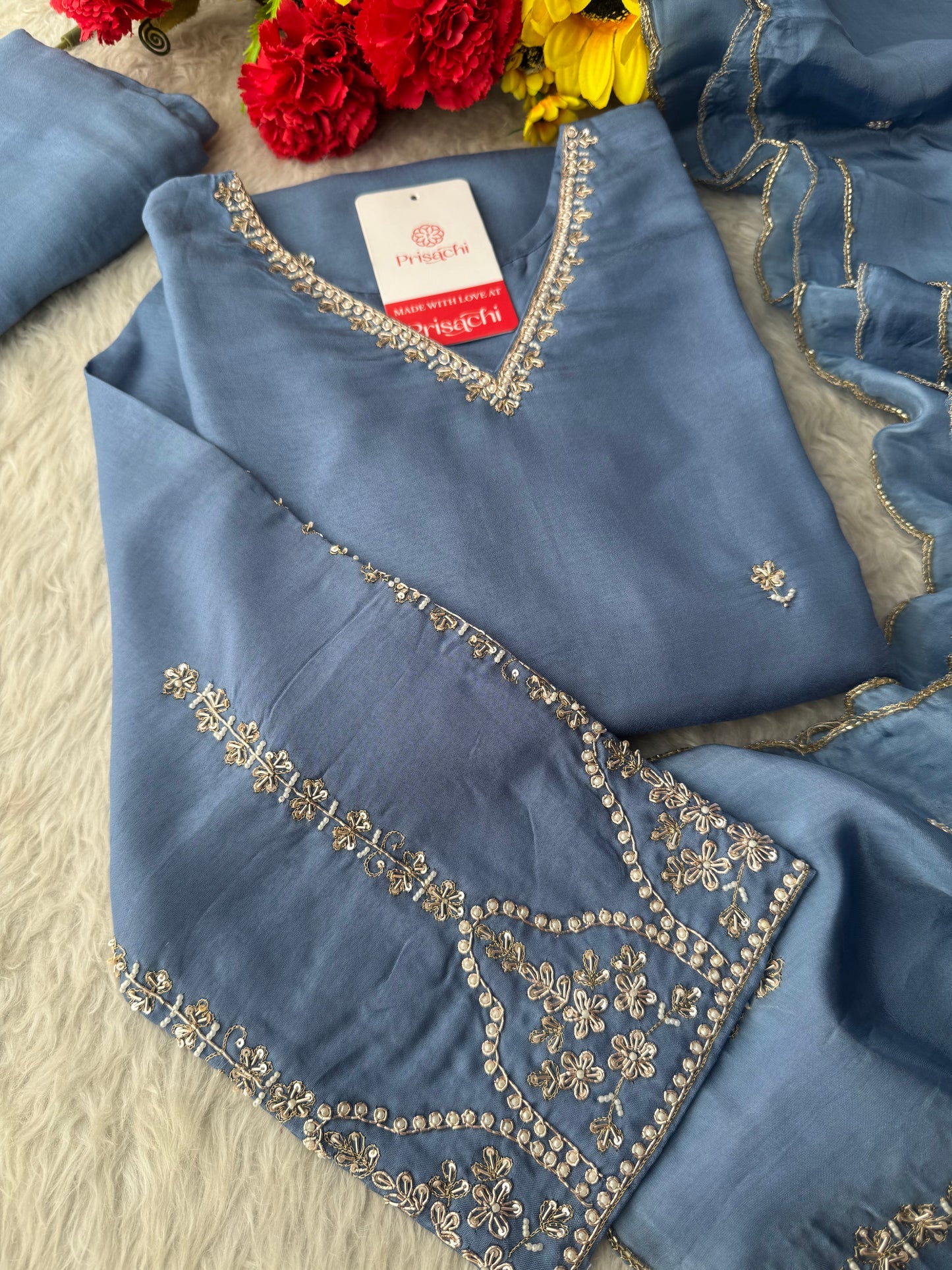 Sky Blue Embroidered Kurta Set with Pants and Dupatta – Elegant Ethnic Suit Set