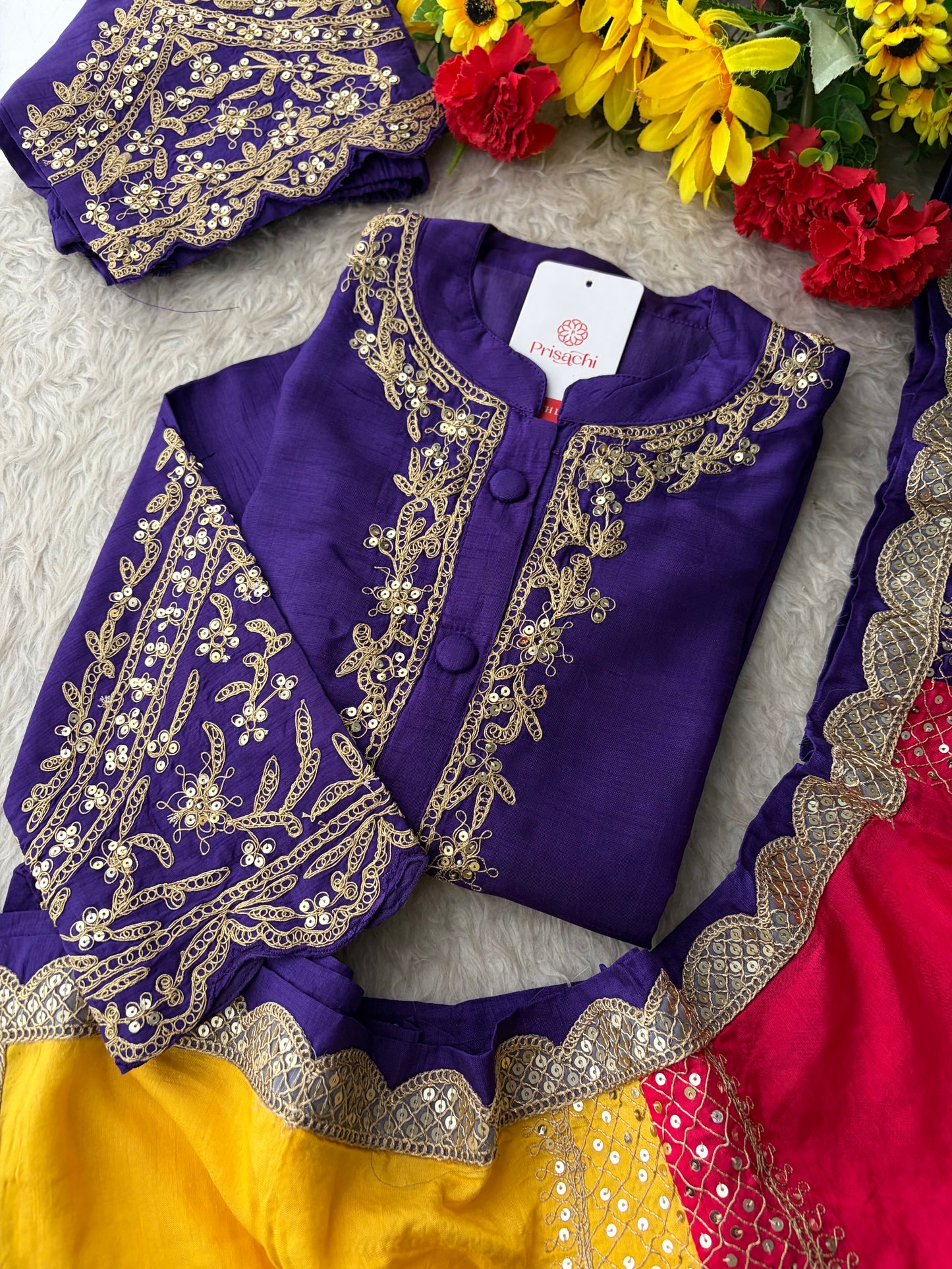 Purple Embroidered Ethnic Kurta Set With Multicolored Dupatta and Pants | Traditional Festive Wear Suit Set