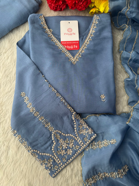 Sky Blue Embroidered Kurta Set with Pants and Dupatta – Elegant Ethnic Suit Set
