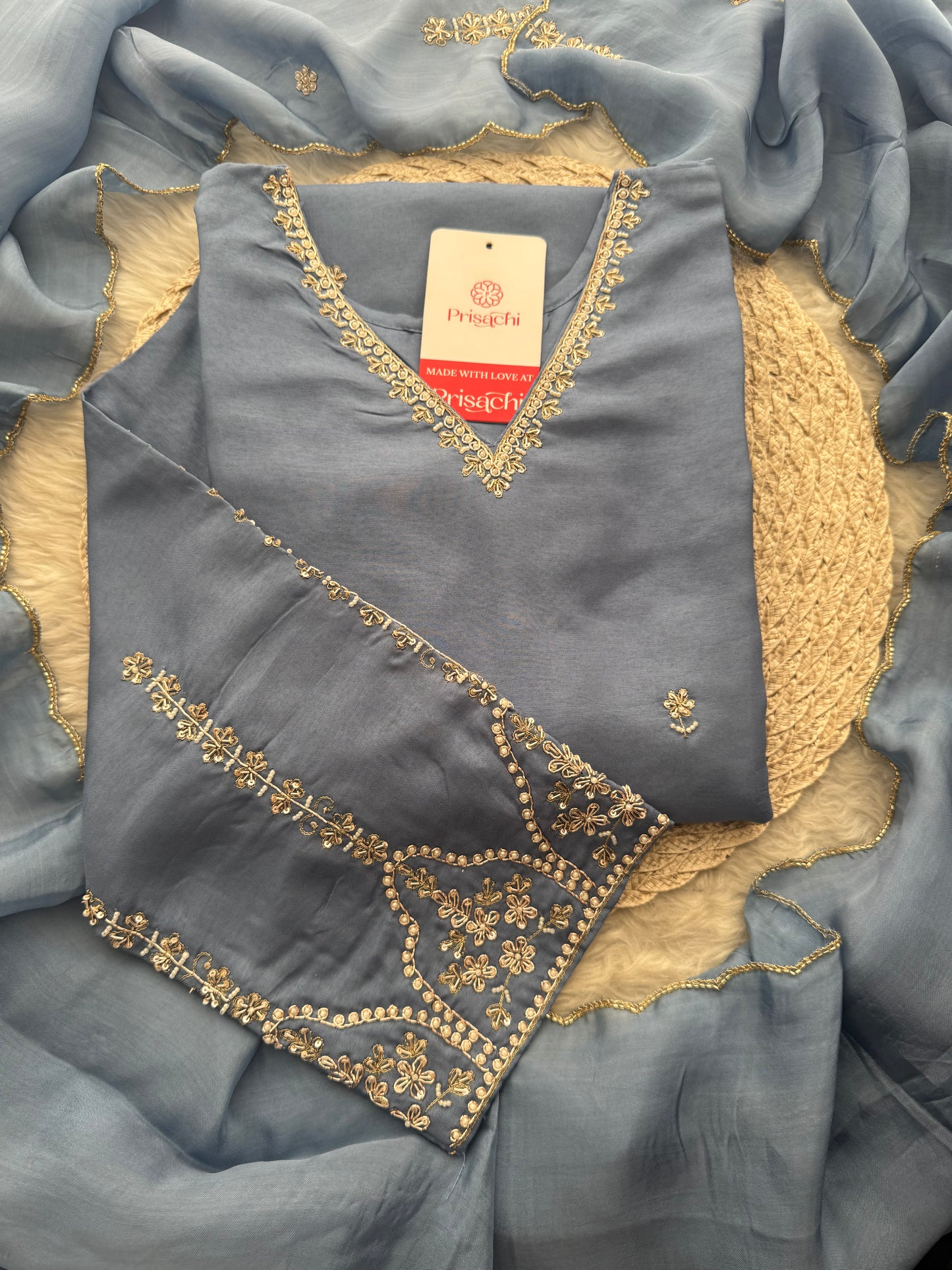 Sky Blue Embroidered Kurta Set with Pants and Dupatta – Elegant Ethnic Suit Set