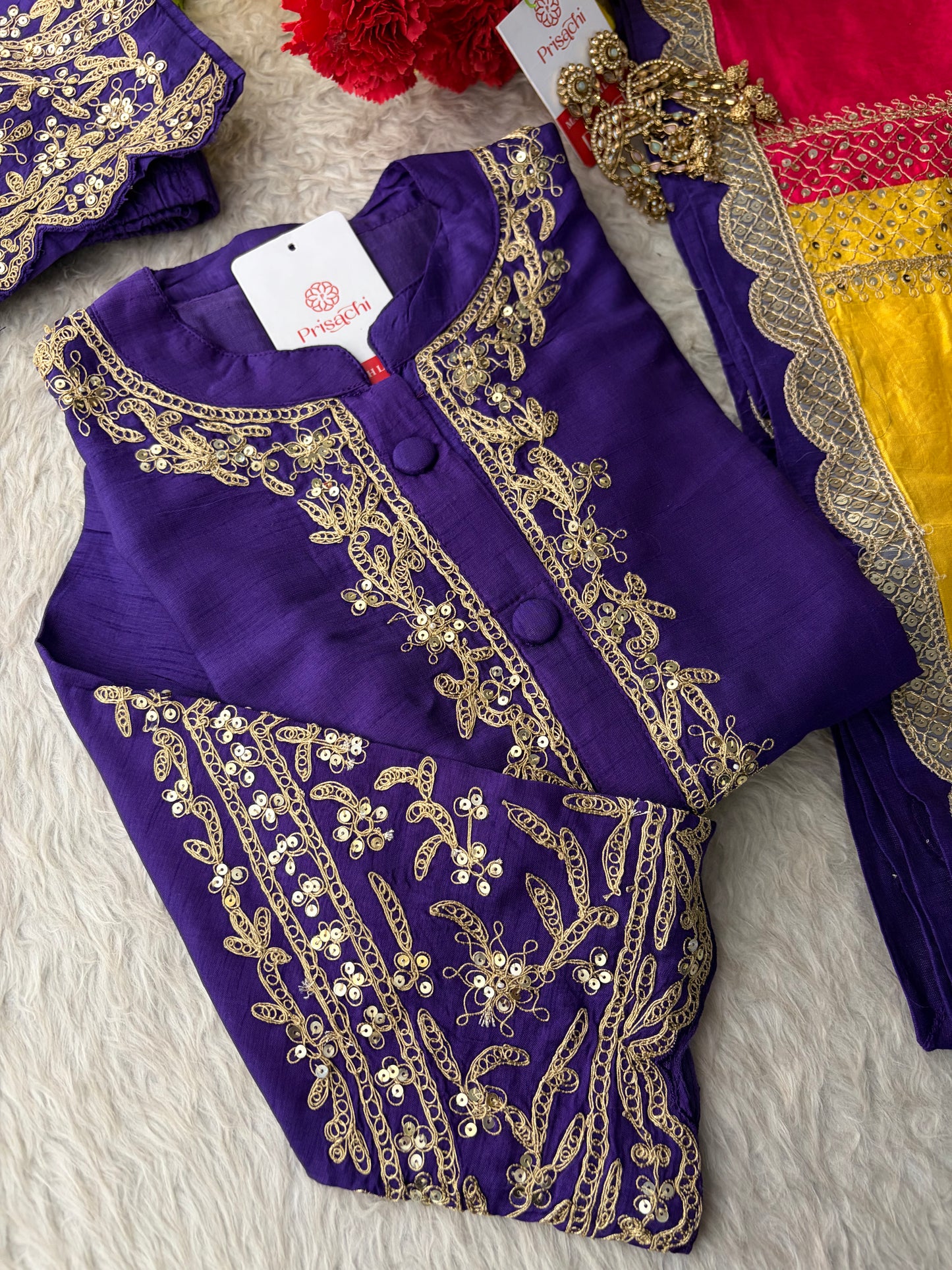 Purple Embroidered Ethnic Kurta Set With Multicolored Dupatta and Pants | Traditional Festive Wear Suit Set