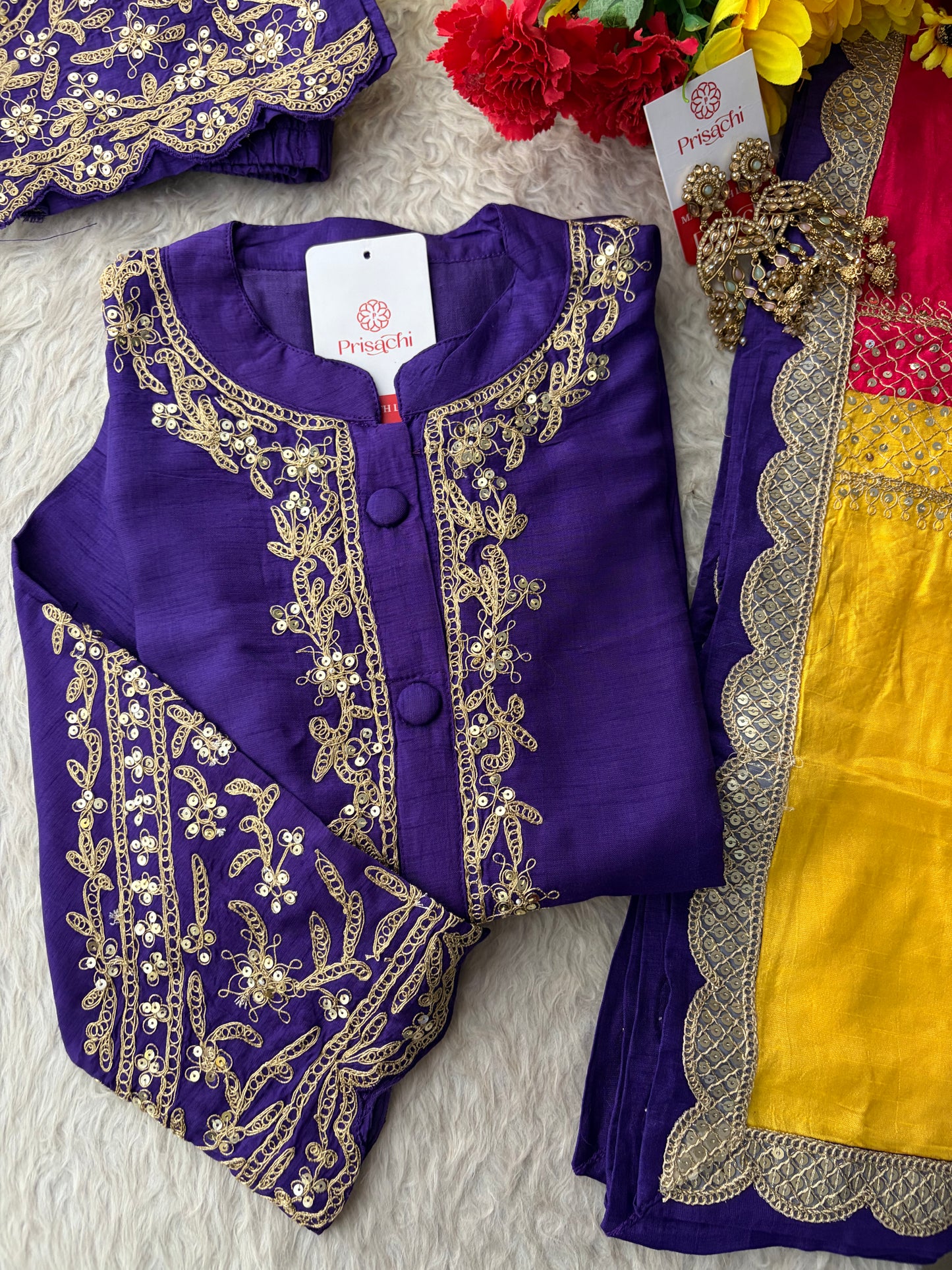 Purple Embroidered Ethnic Kurta Set With Multicolored Dupatta and Pants | Traditional Festive Wear Suit Set