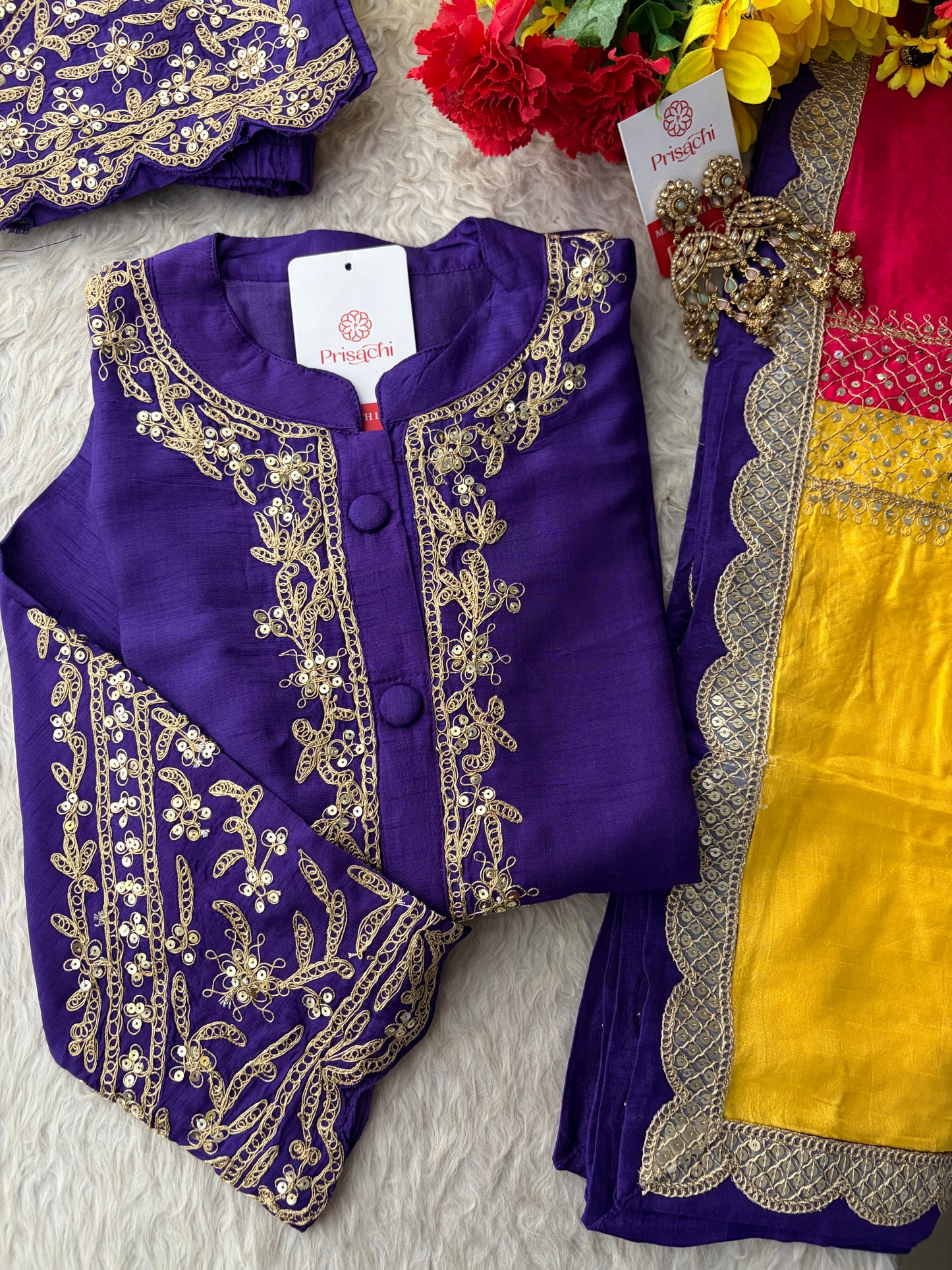 Purple Embroidered Ethnic Kurta Set With Multicolored Dupatta and Pants | Traditional Festive Wear Suit Set