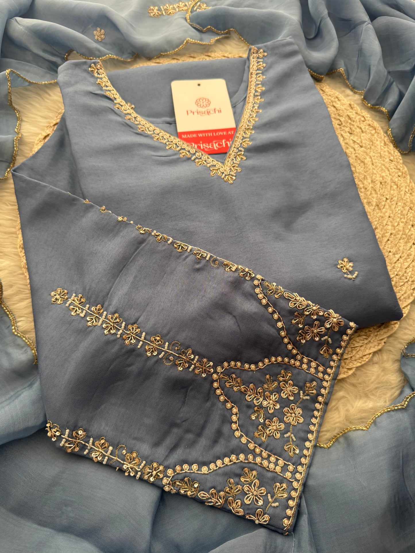 Sky Blue Embroidered Kurta Set with Pants and Dupatta – Elegant Ethnic Suit Set