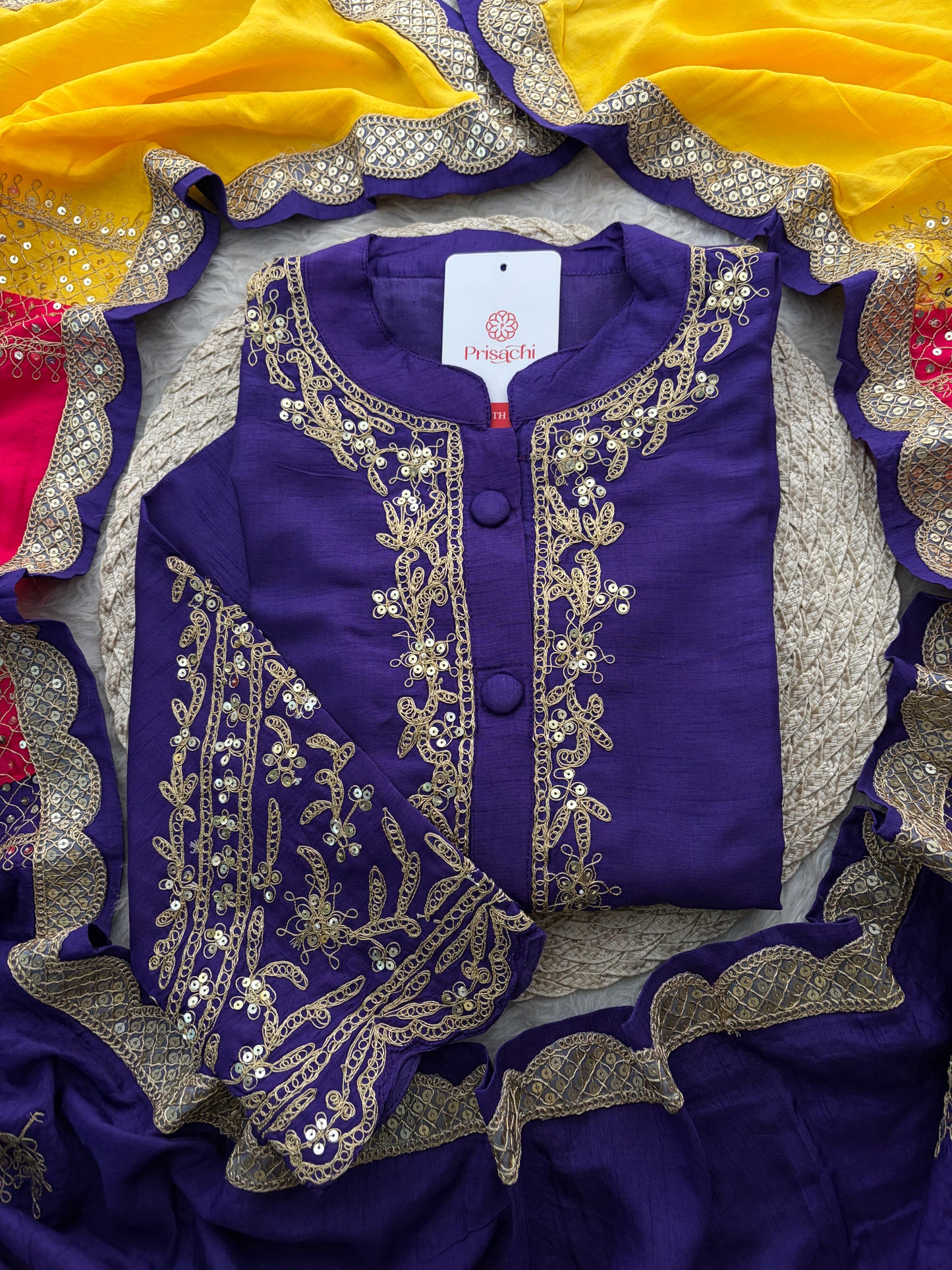Purple Embroidered Ethnic Kurta Set With Multicolored Dupatta and Pants | Traditional Festive Wear Suit Set