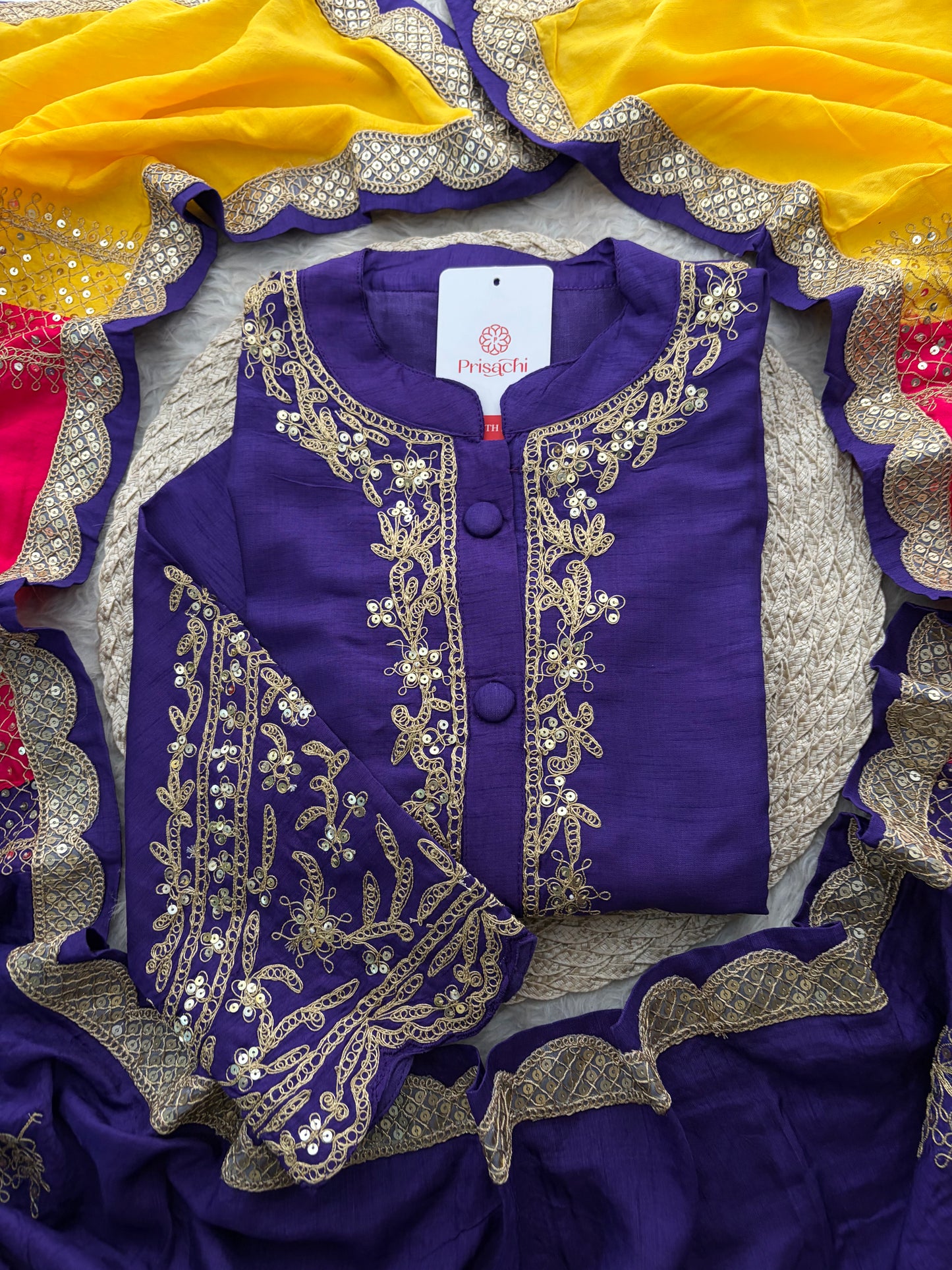 Purple Embroidered Ethnic Kurta Set With Multicolored Dupatta and Pants | Traditional Festive Wear Suit Set
