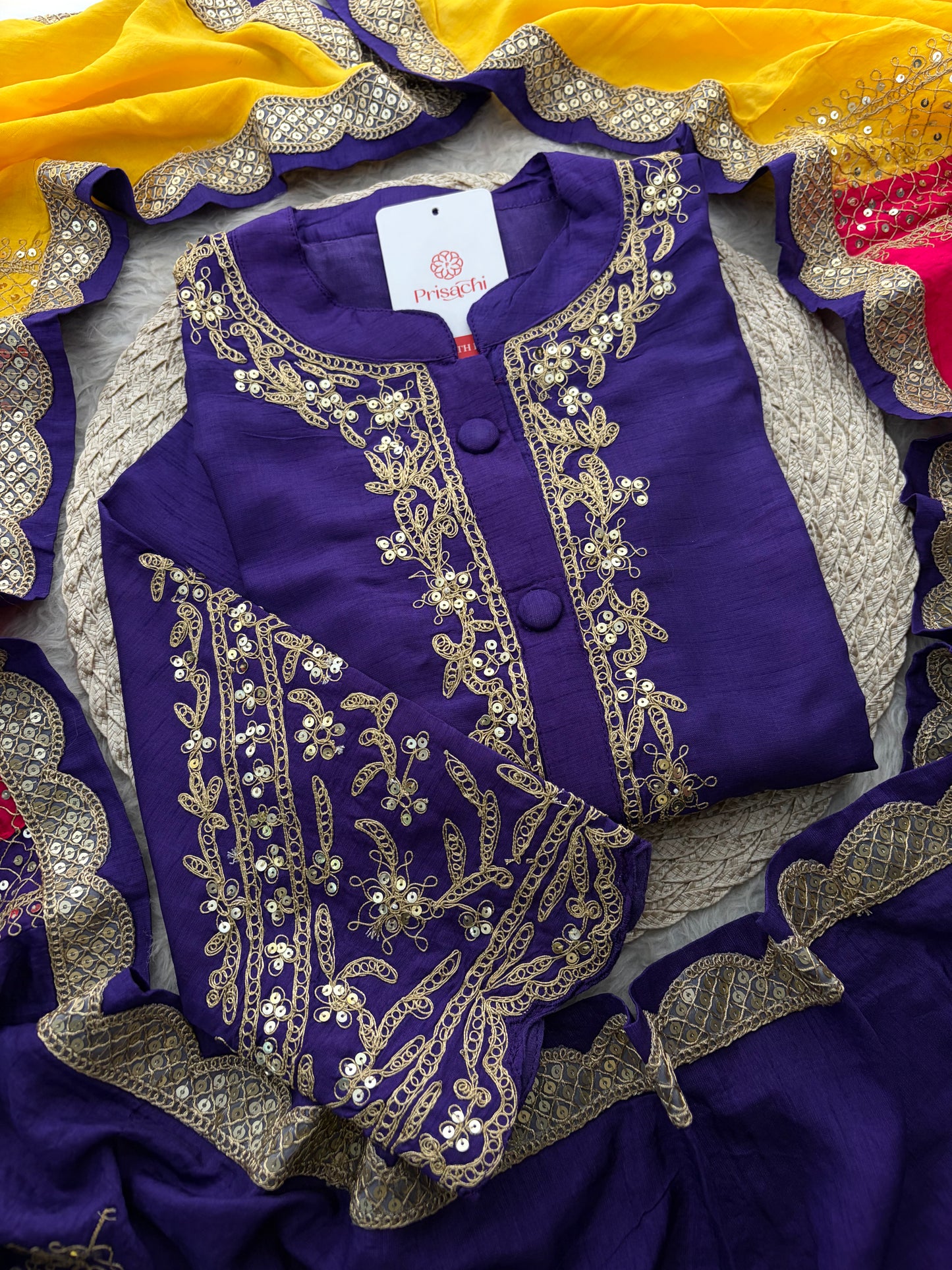 Purple Embroidered Ethnic Kurta Set With Multicolored Dupatta and Pants | Traditional Festive Wear Suit Set