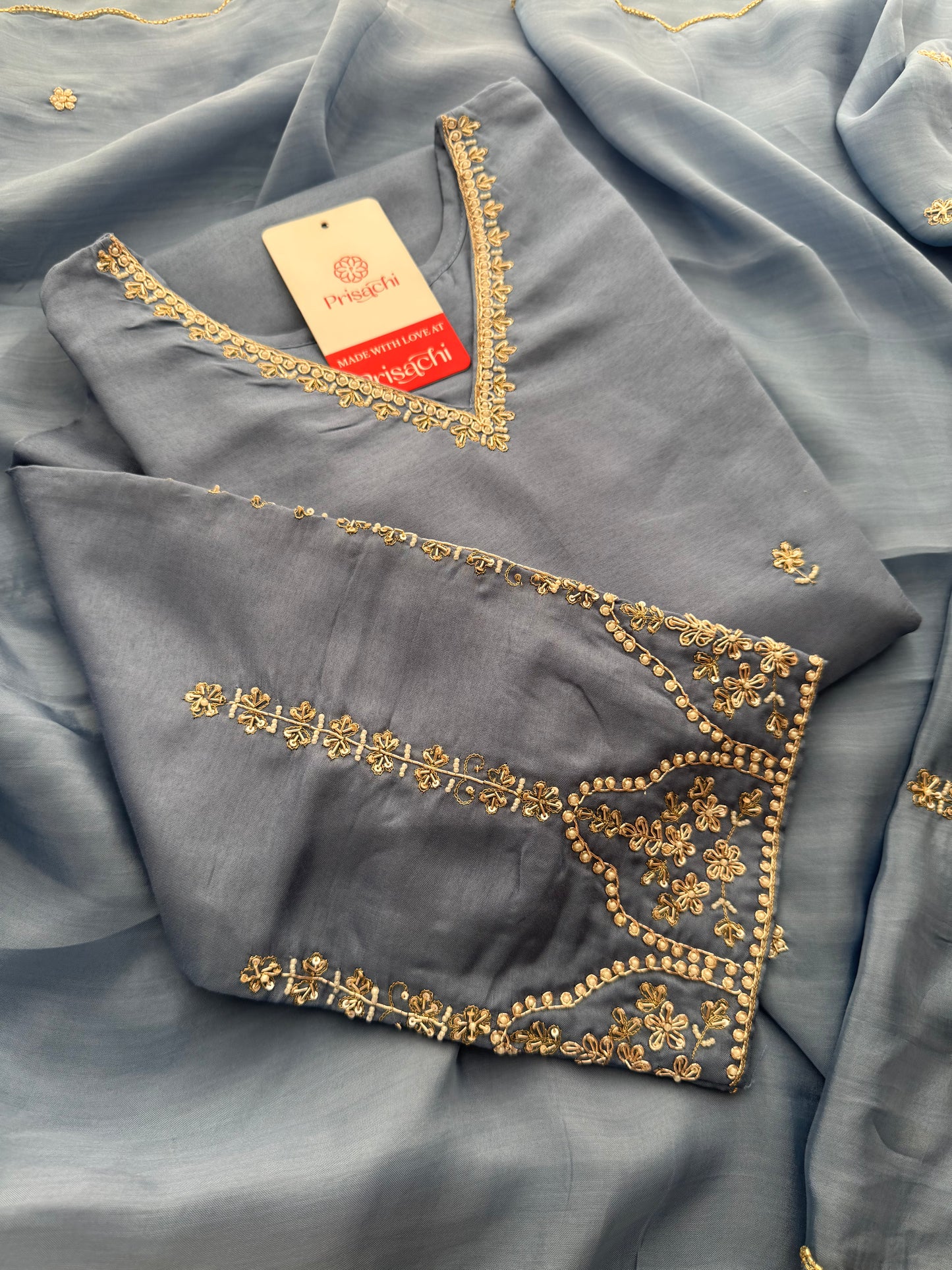 Sky Blue Embroidered Kurta Set with Pants and Dupatta – Elegant Ethnic Suit Set