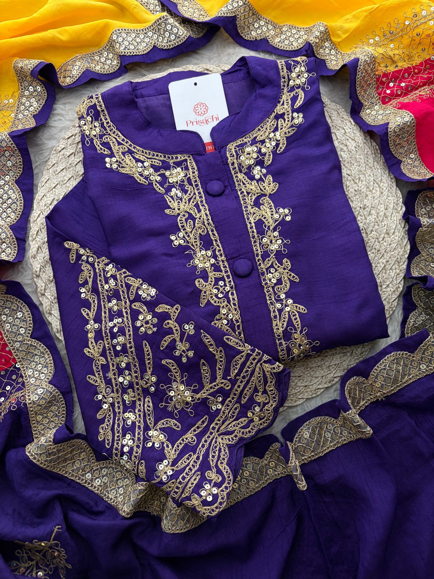Purple Embroidered Ethnic Kurta Set With Multicolored Dupatta and Pants | Traditional Festive Wear Suit Set