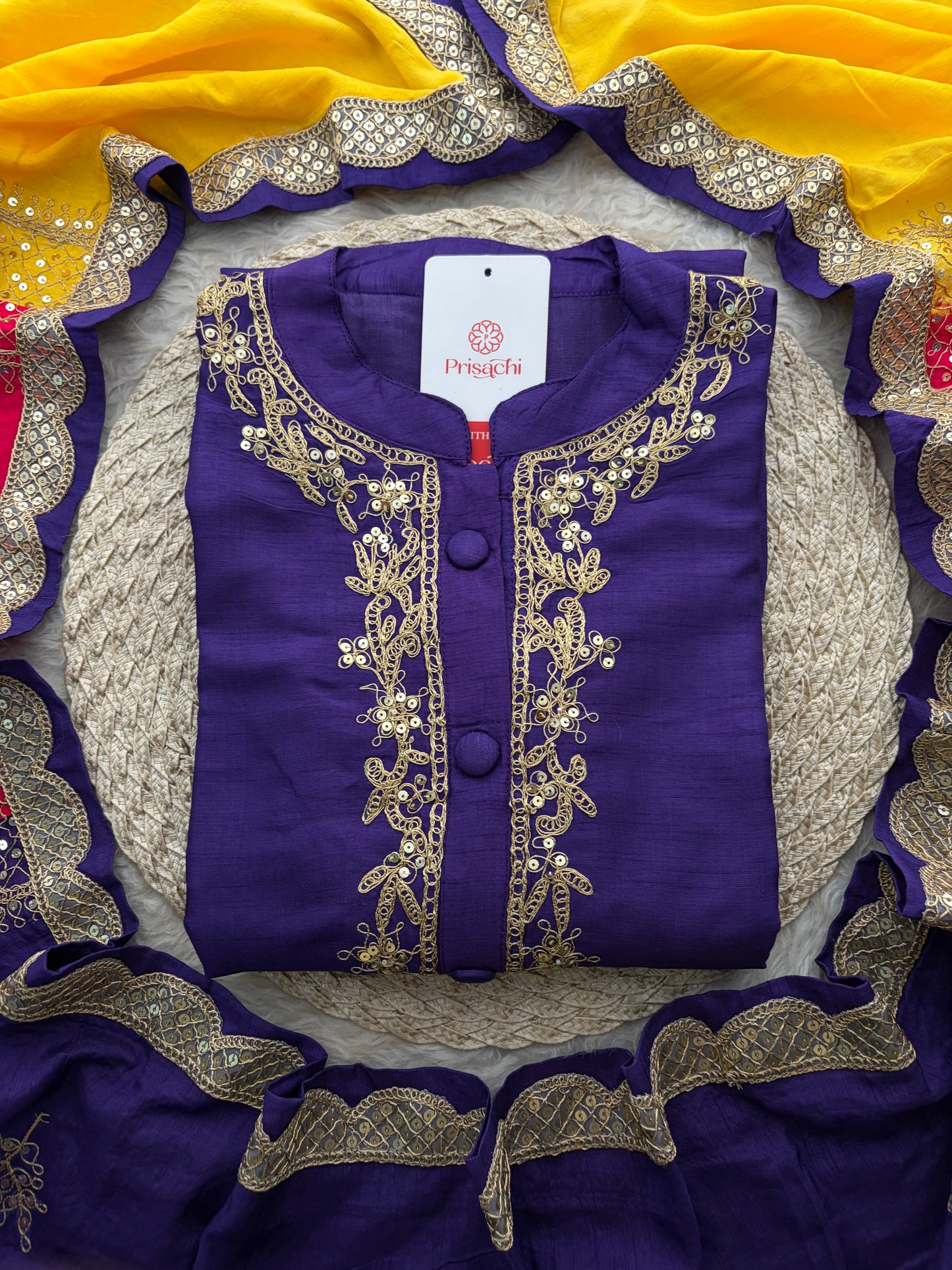 Purple Embroidered Ethnic Kurta Set With Multicolored Dupatta and Pants | Traditional Festive Wear Suit Set