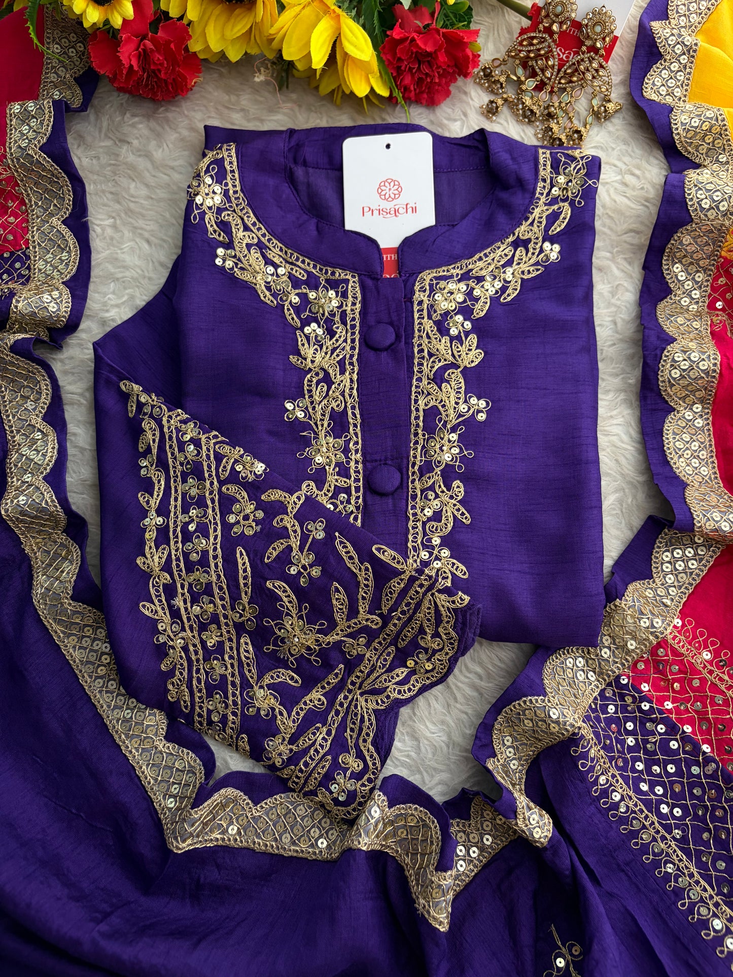 Purple Embroidered Ethnic Kurta Set With Multicolored Dupatta and Pants | Traditional Festive Wear Suit Set