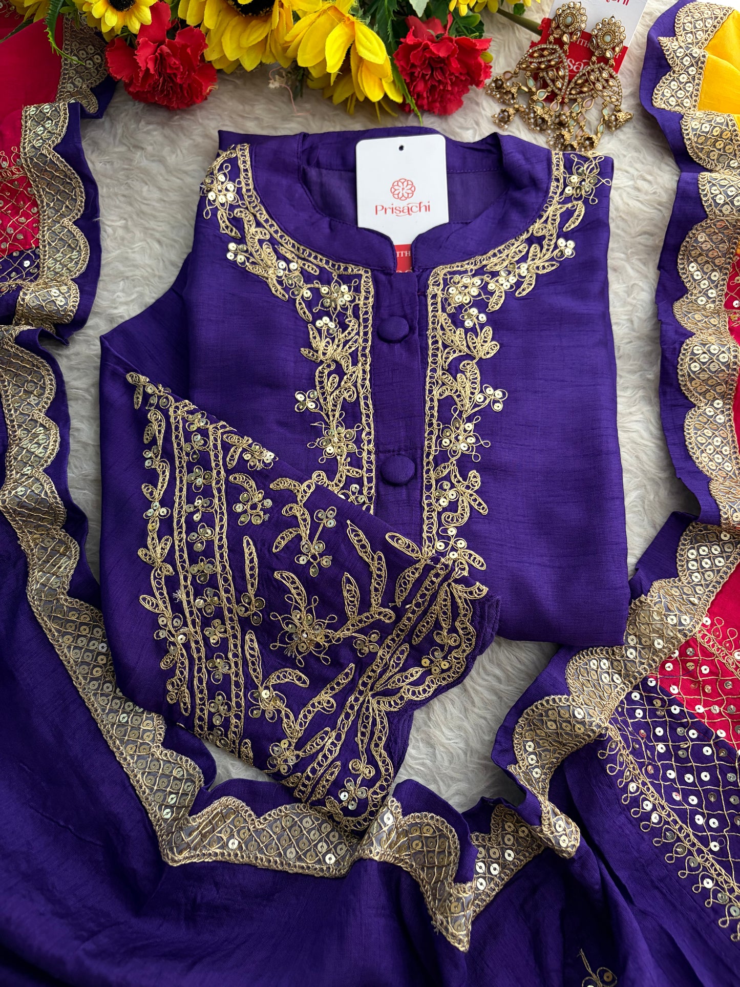 Purple Embroidered Ethnic Kurta Set With Multicolored Dupatta and Pants | Traditional Festive Wear Suit Set