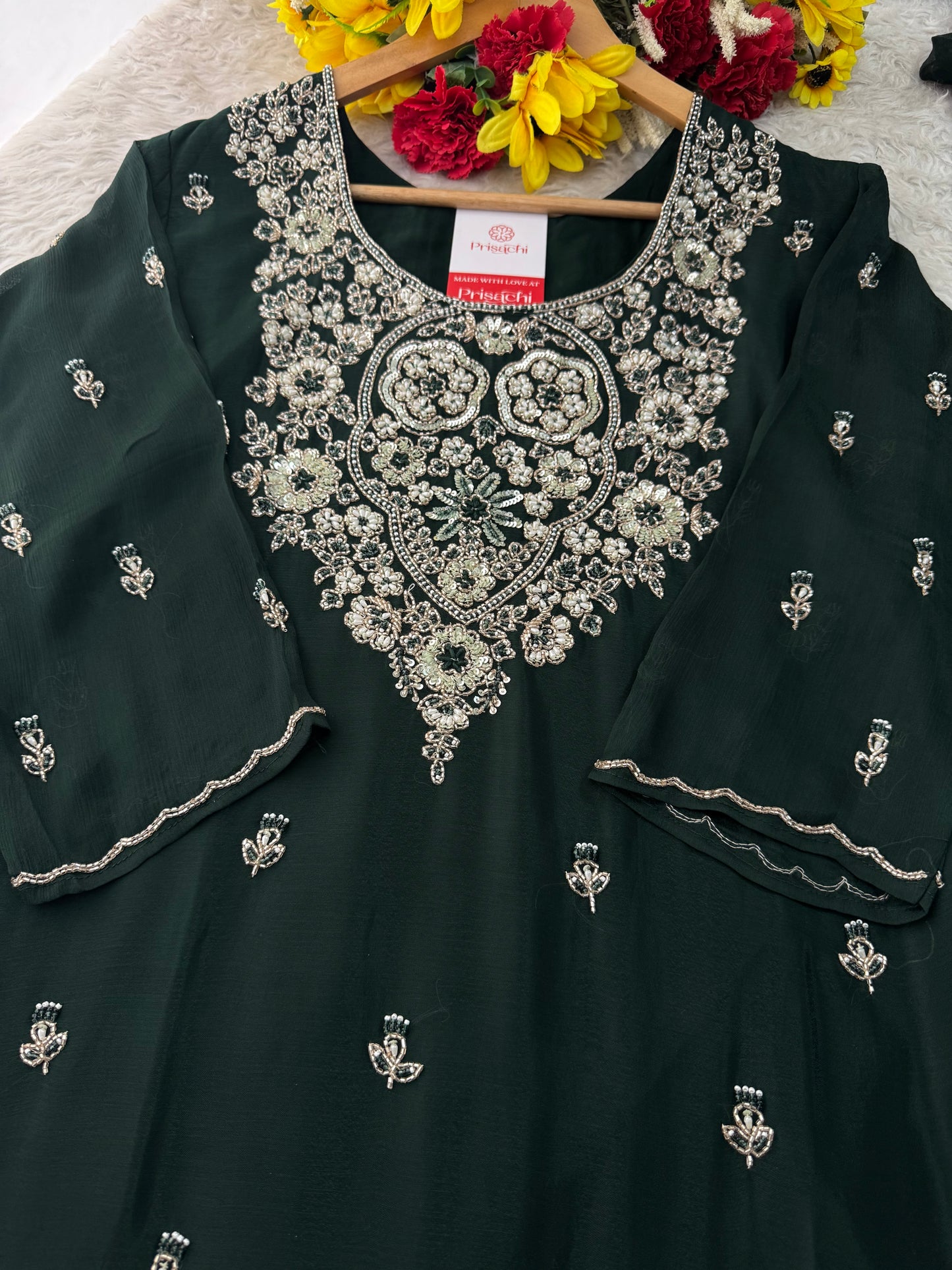 Deep Green Zardozi Embroidered Ethnic Kurta Set with Bell Bottom Pants & Dupatta