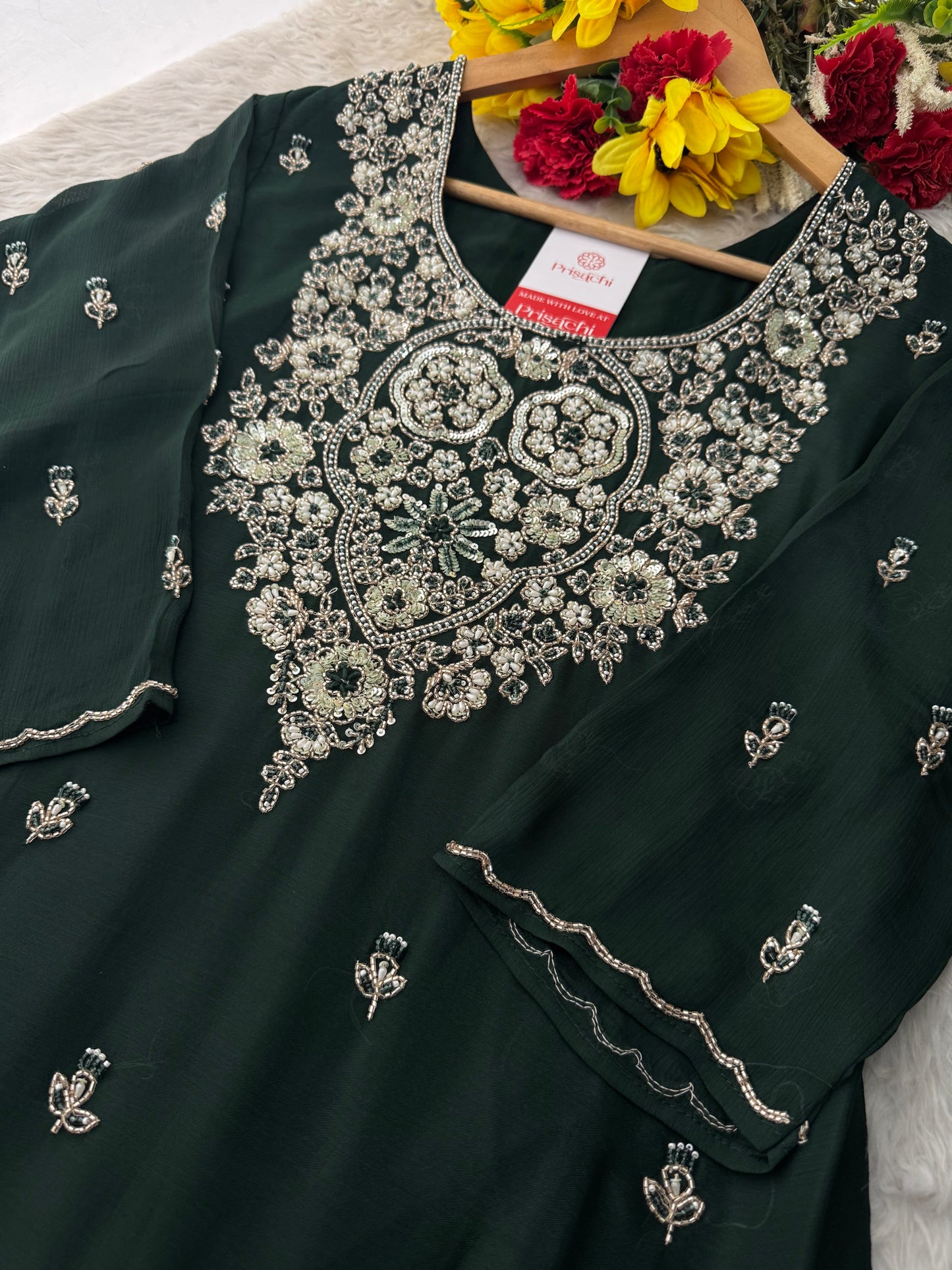 Deep Green Zardozi Embroidered Ethnic Kurta Set with Bell Bottom Pants & Dupatta