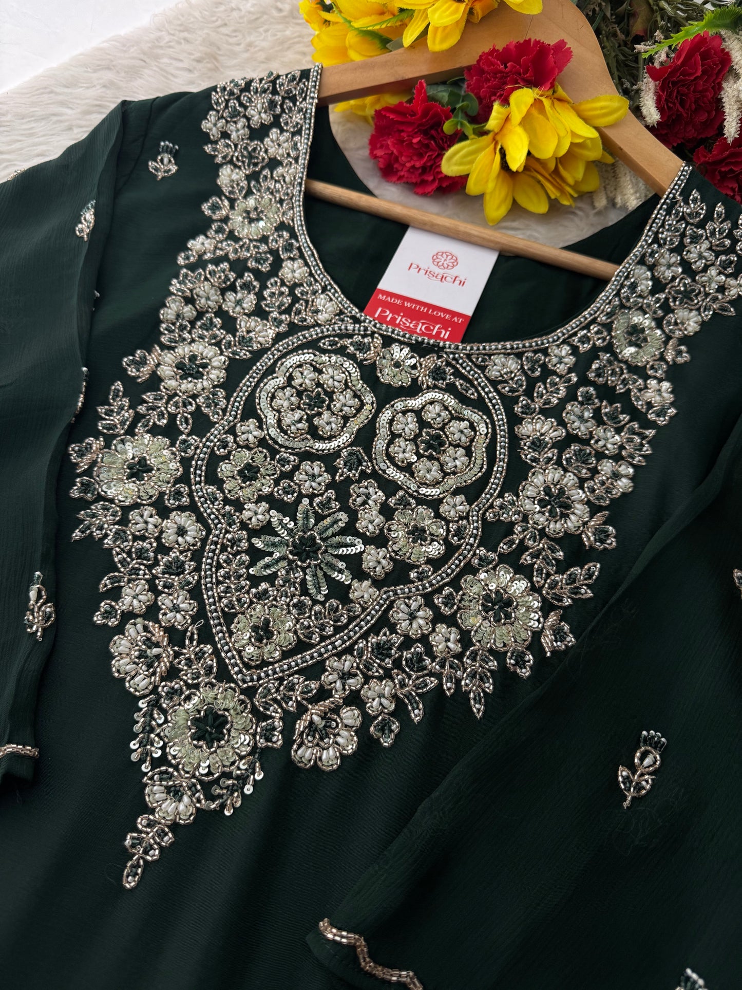 Deep Green Zardozi Embroidered Ethnic Kurta Set with Bell Bottom Pants & Dupatta