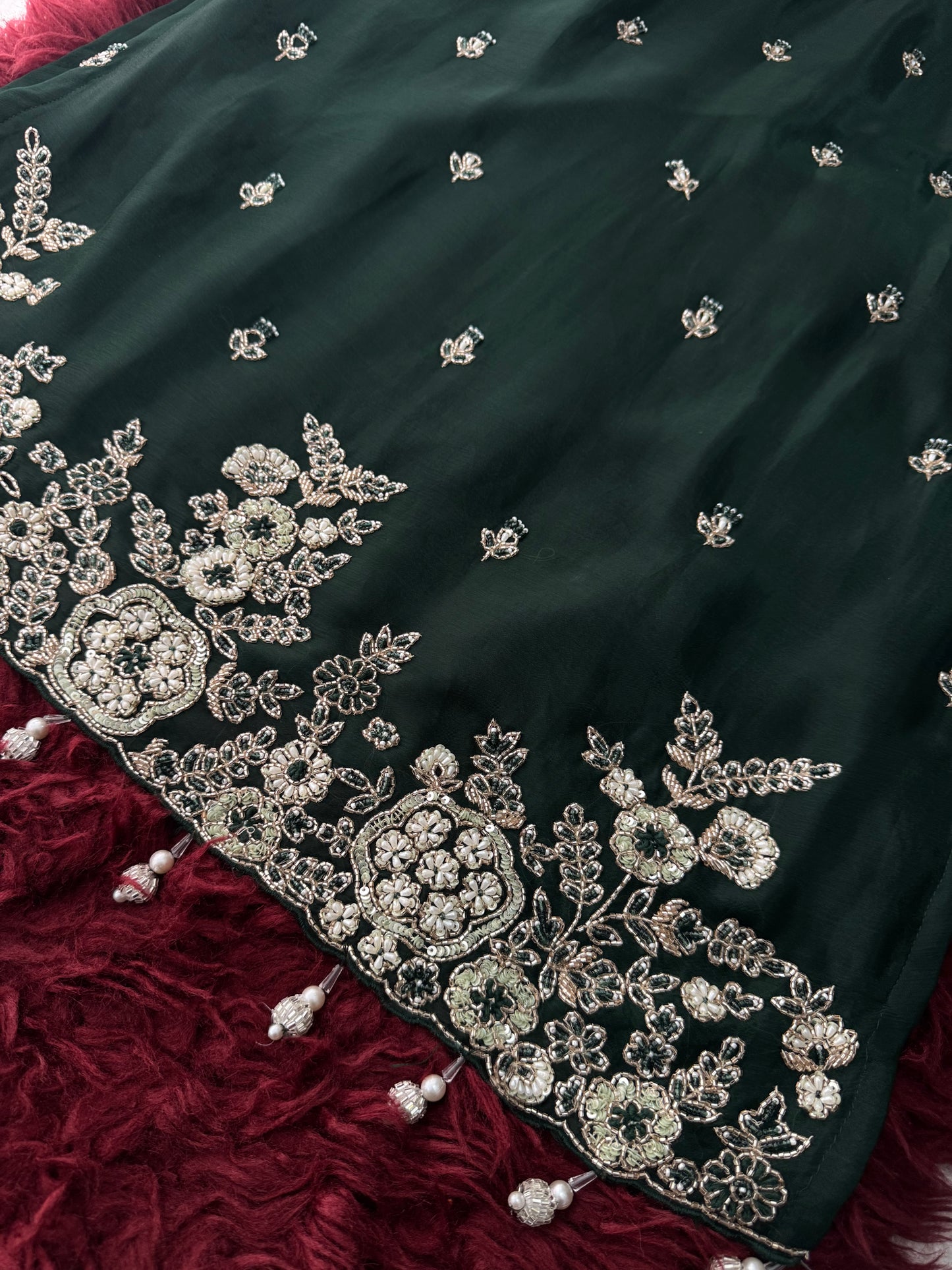 Deep Green Zardozi Embroidered Ethnic Kurta Set with Bell Bottom Pants & Dupatta